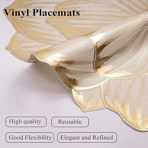 Miniatura 6 de Crisjanggo Juego de 6 manteles individuales redondos antideslizantes de vinilo metálico dorado, manteles individuales de plástico laminado moderno