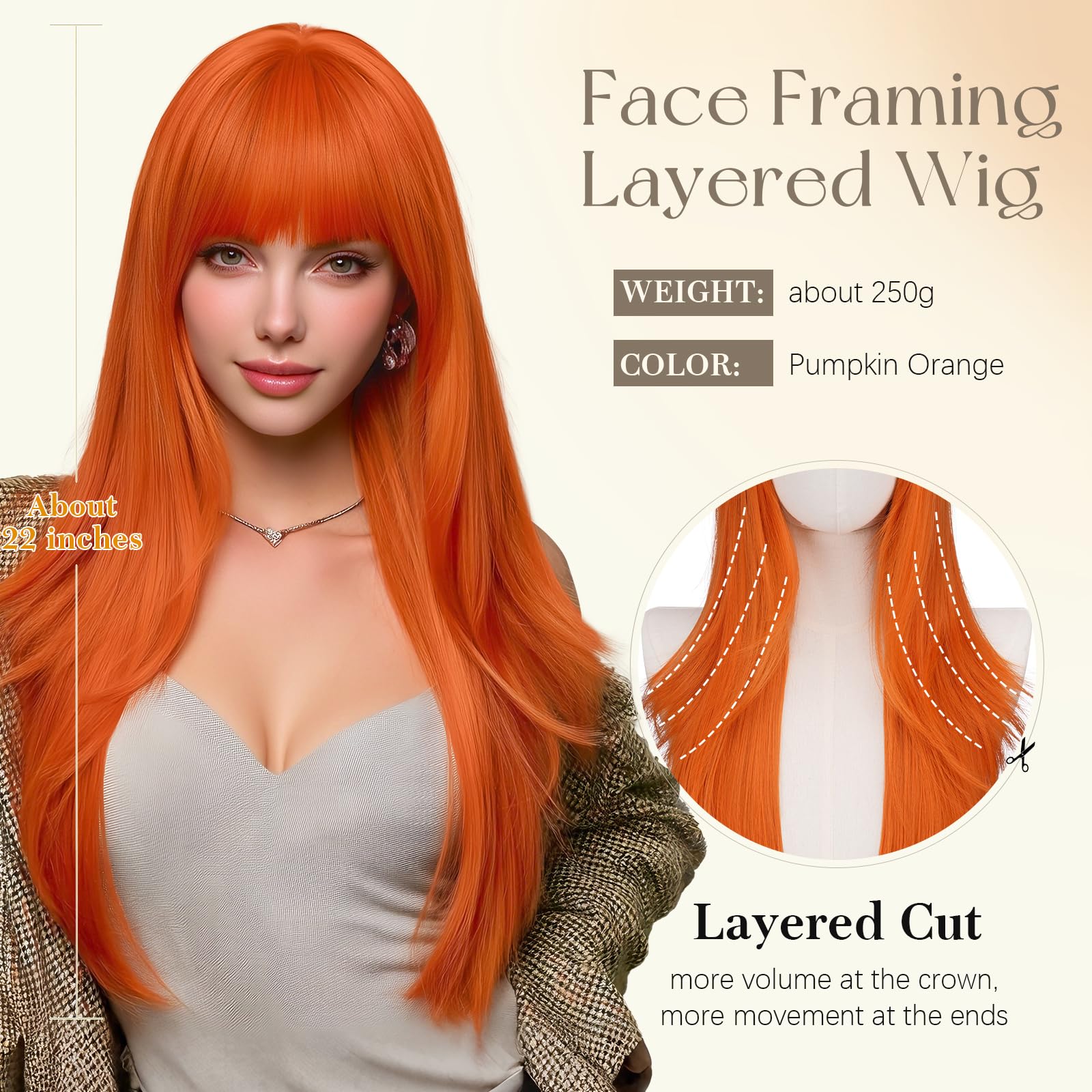 Sofeiyan Peluca Recta Largo de 65 cm,Peluca Sintética Naranja Calabaza en Capas,Peluca para Mujer Preestilizada,Adecuada Para Citas Vacaciones Fiestas Cosplay