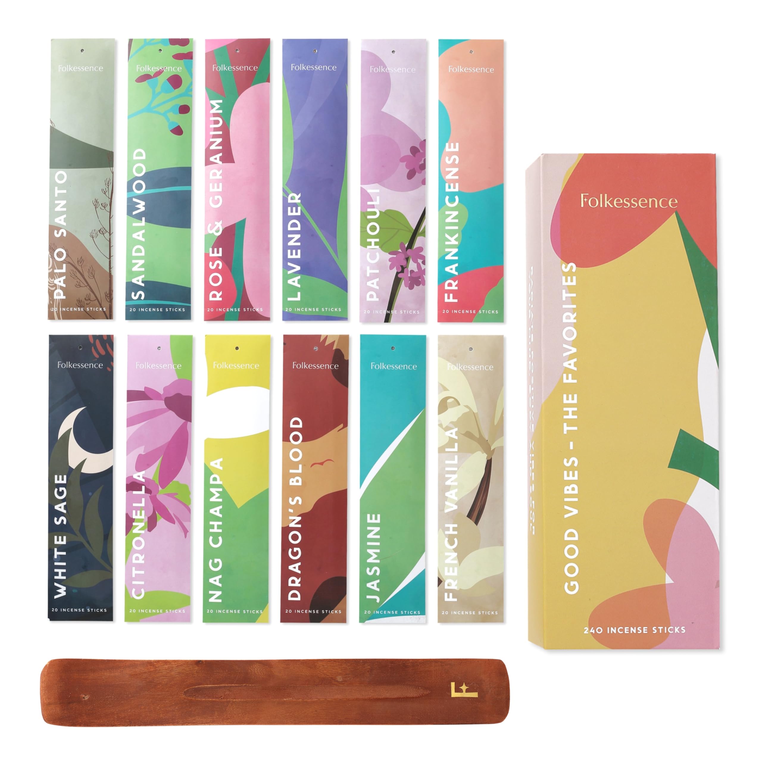 Folkulture Incense Sticks Gift Set | Pack of 12 Insenses (240 Sticks) with Incense Holder | Non Toxic Jasmine, Lavender, Nag Champa, Sandalwood Frankincense Inscent | Organic Gift Set for Women