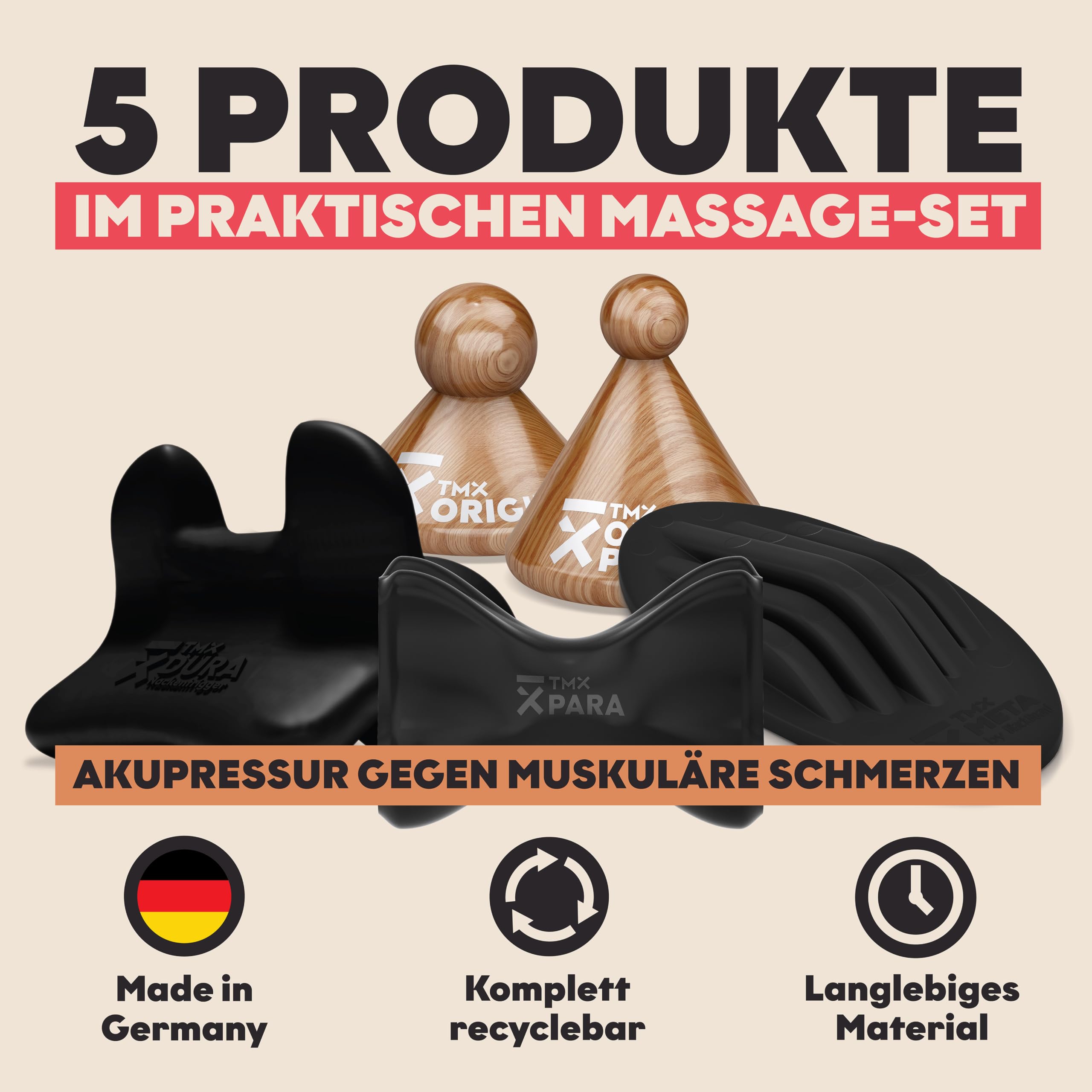 TMX® Komplett-Bundle | Massage-Set | Akupressur gegen muskuläre Schmerzen | Schmerzpunktmassage | Triggerpunktdrücker | Triggerpoint-Massage | 5 Trigger-Tools in einem Set