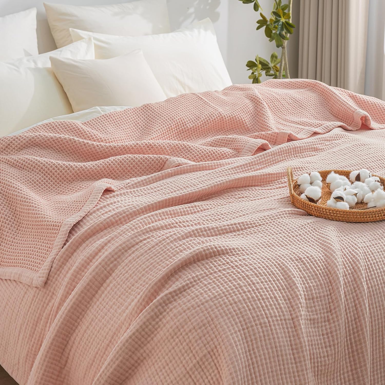 PHF 100% Cotton Waffle & Muslin Blanket King Size, Soft Breathable Luxury 400GSM Versatile Reversible Bedding for Bed, Great for Layering in Cold Weather, Home Decor Gift, 104" x 90", Rose Smoke