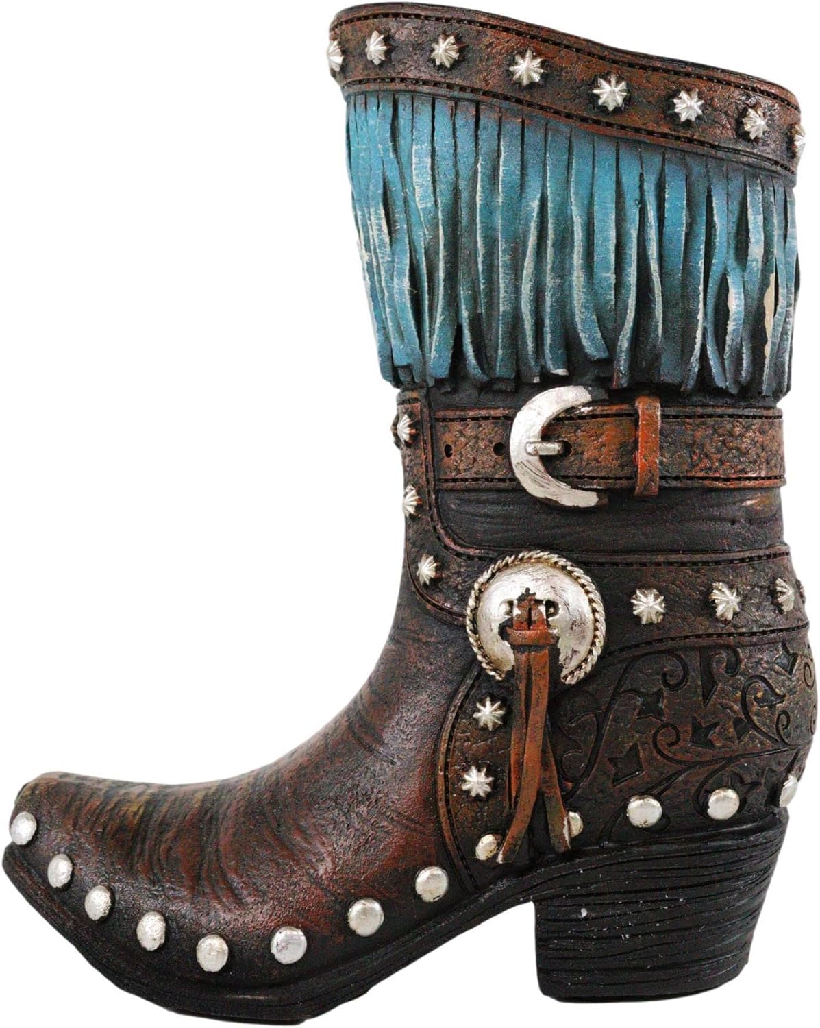 Ebros Gift Rustic Western Country Brown Faux Tooled Leather Scroll Lace Cowgirl Or Cowboy Boot with Turquoise Frill Fringe Decorative Bouquet Vase Or Planter Figurine Southwestern Centerpiece Accent