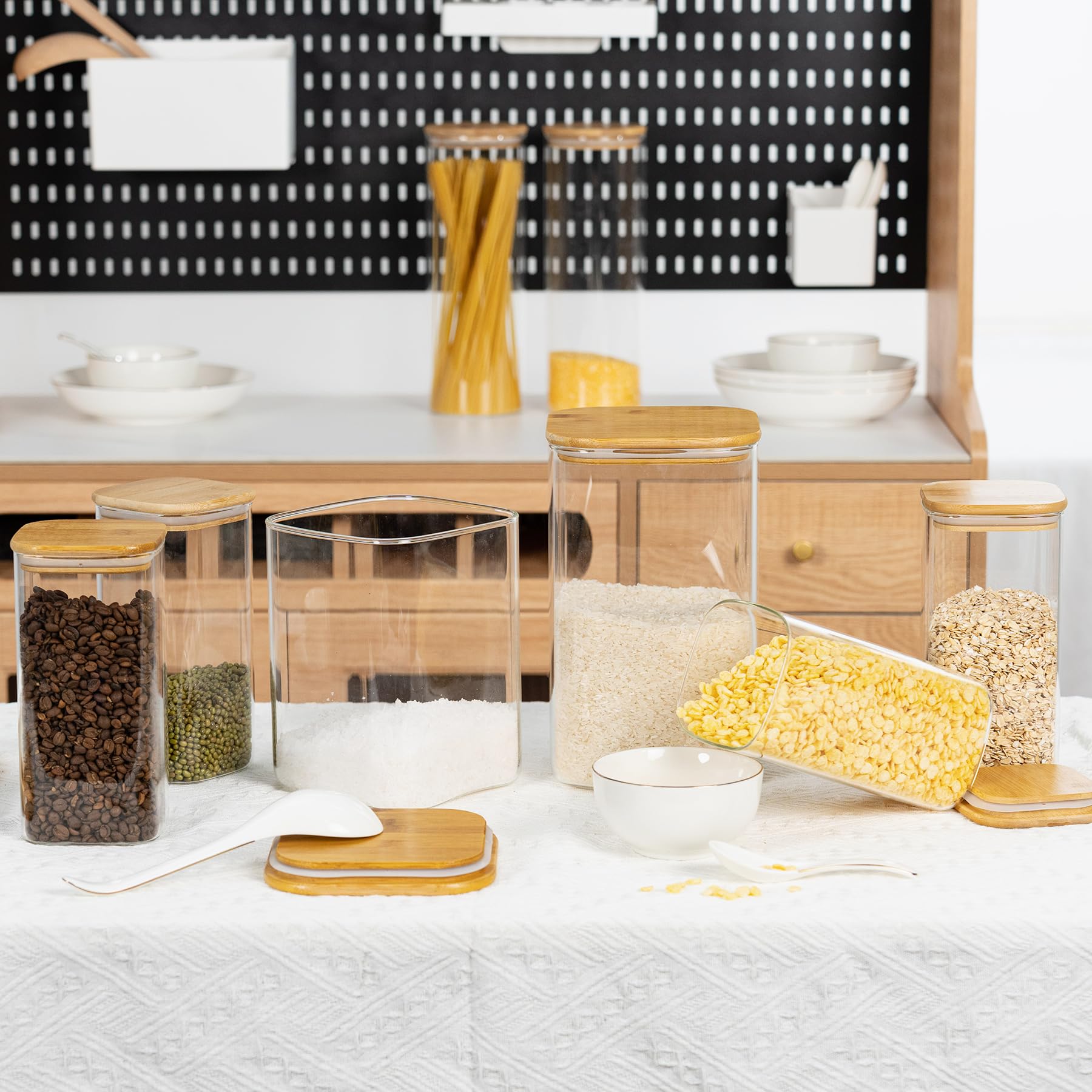 D2scrma Quadratische Vorratsdosen aus Glas mit Bambusdeckel, luftdicht, 3600 ml x 1 1200 ml, große Vorratsdose, für Zucker, Mehl und Kaffeebohnen (mit schwarzem Etikett)