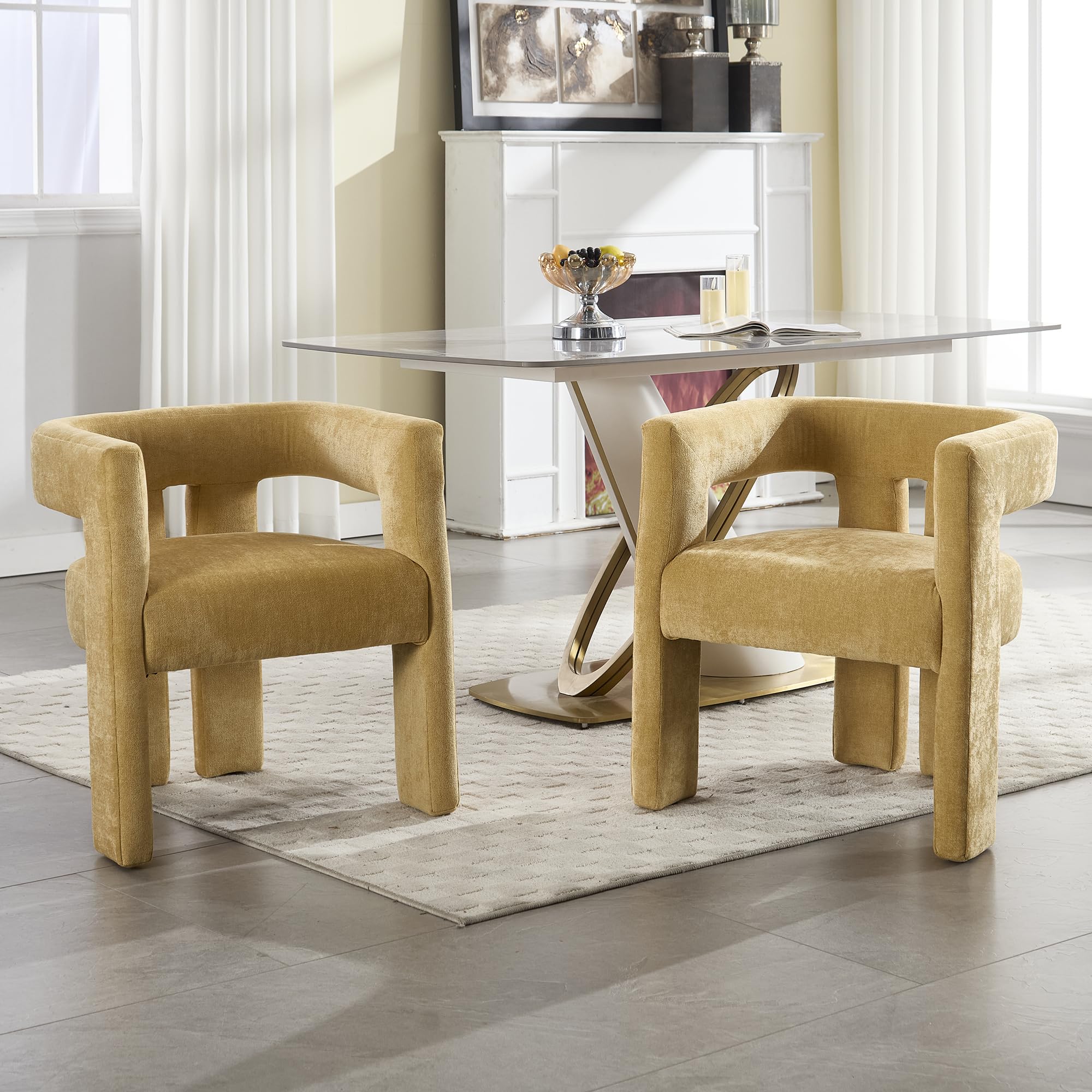 Modern Upholstered Accent Chairs, Set of 2, Fabric Barrel Armchairs for Living Room, Dining & Kitchen (Yellow)