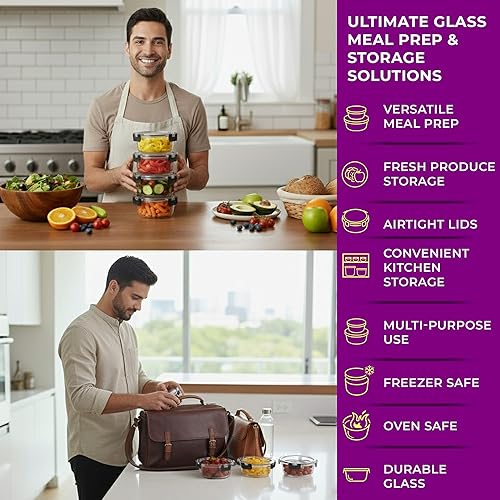 Miniatura 3 de Recipientes de vidrio para almacenamiento de alimentos con tapas herméticas de bloqueo a presión para preparación de comidas, sobras, para hornear,