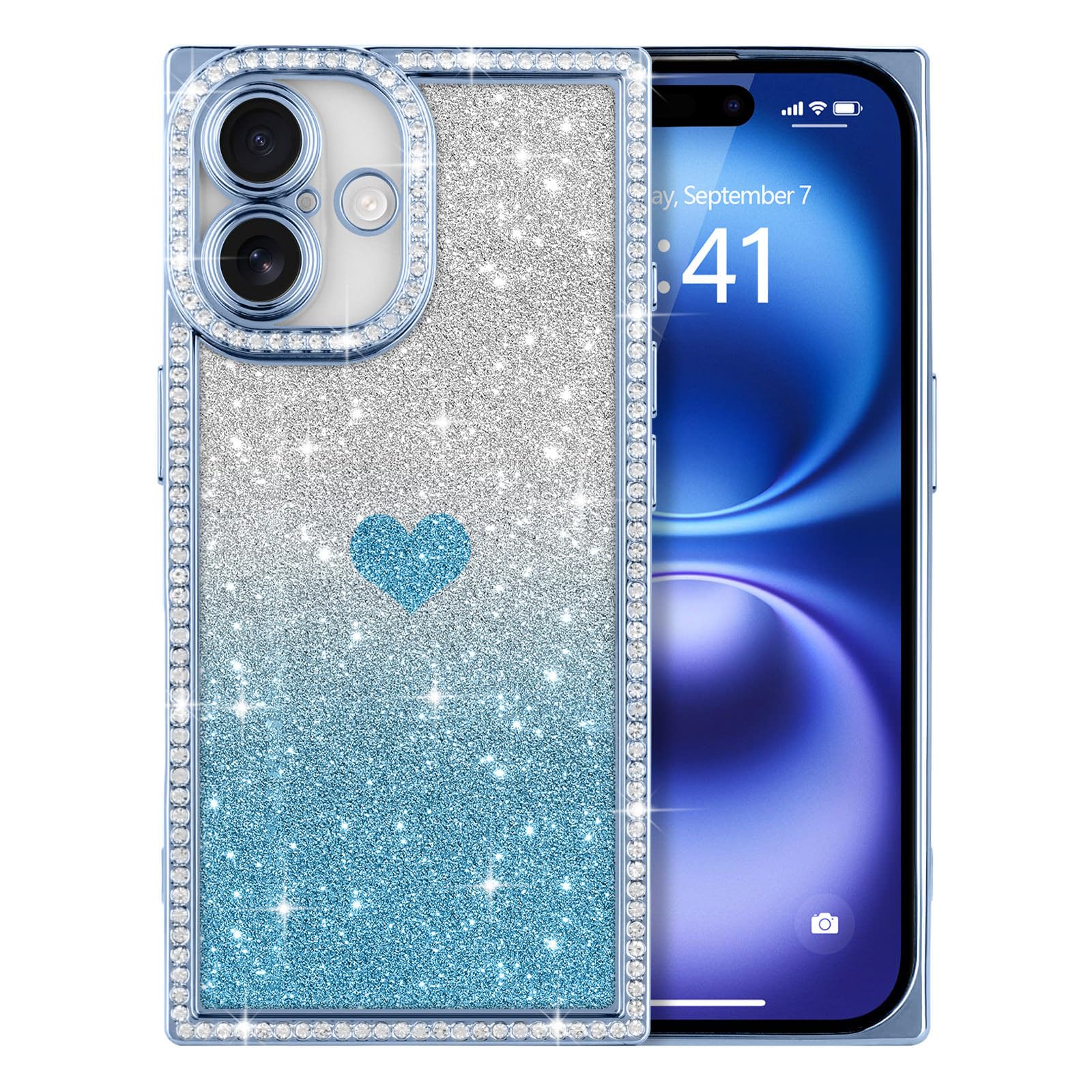 ROSEHUI Case for iPhone 16, Luxury Diamond Rhinestone Cover Crystal Love Heart Pattern [Removable Glitter Paper], Silicone TPU Electroplated