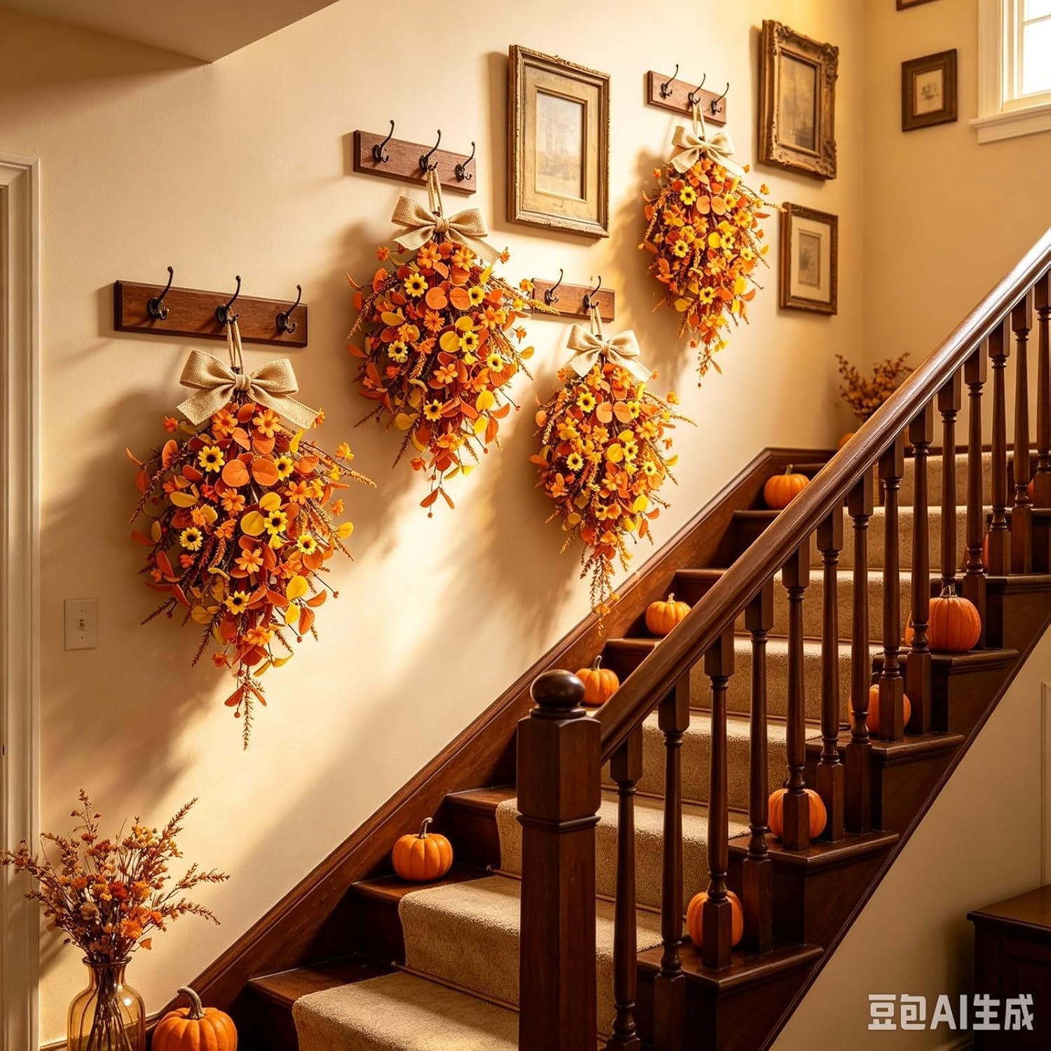 2 Pack 21'' Fall Thanksgiving Swag Wreaths for Front Door Artificial Teardrop Wreath with Autumn Daisy Flowers Orange Eucalyptus Leaves Farmhouse Harvest Hanging Decor for Home Window Wall Porch