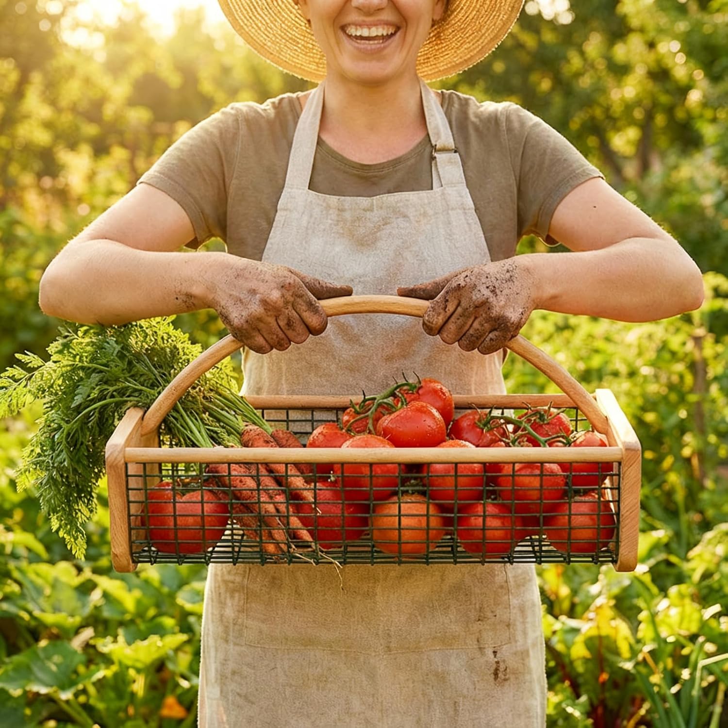 Beechwood Garden Hod for Harvesting, Premium Mesh Harvest Basket with Smooth Solid Wood Handle, Wire Picking Basket for Vegetables, Fruits & Flowers, Classic Garden Trug for Outdoor Rinse & Storage