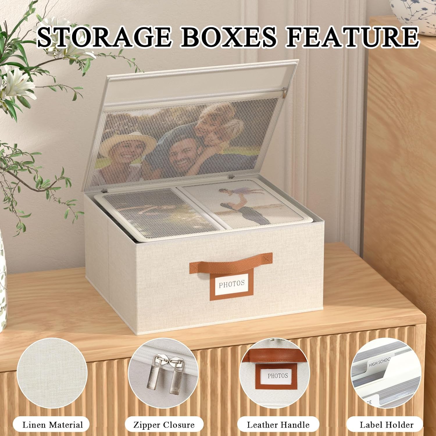 Decorative Photo Storage Box with Zipper Hold Up to 2000 4x6 Pictures,Beige
