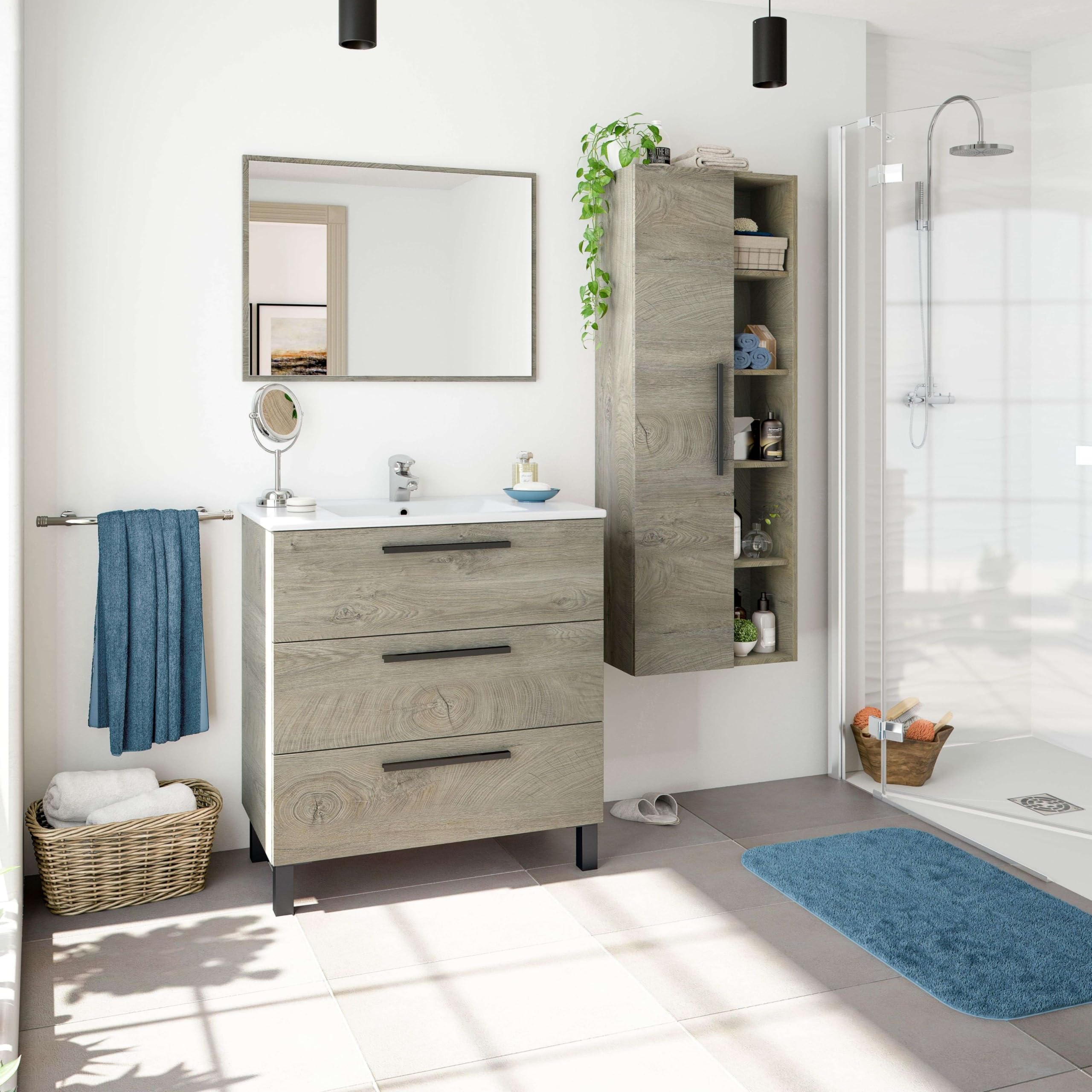 Miroytengo Pack Baño Completo Roble Alaska Mueble Baño, Columna de baño, Espejo y Lavabo Cerámico Incluido