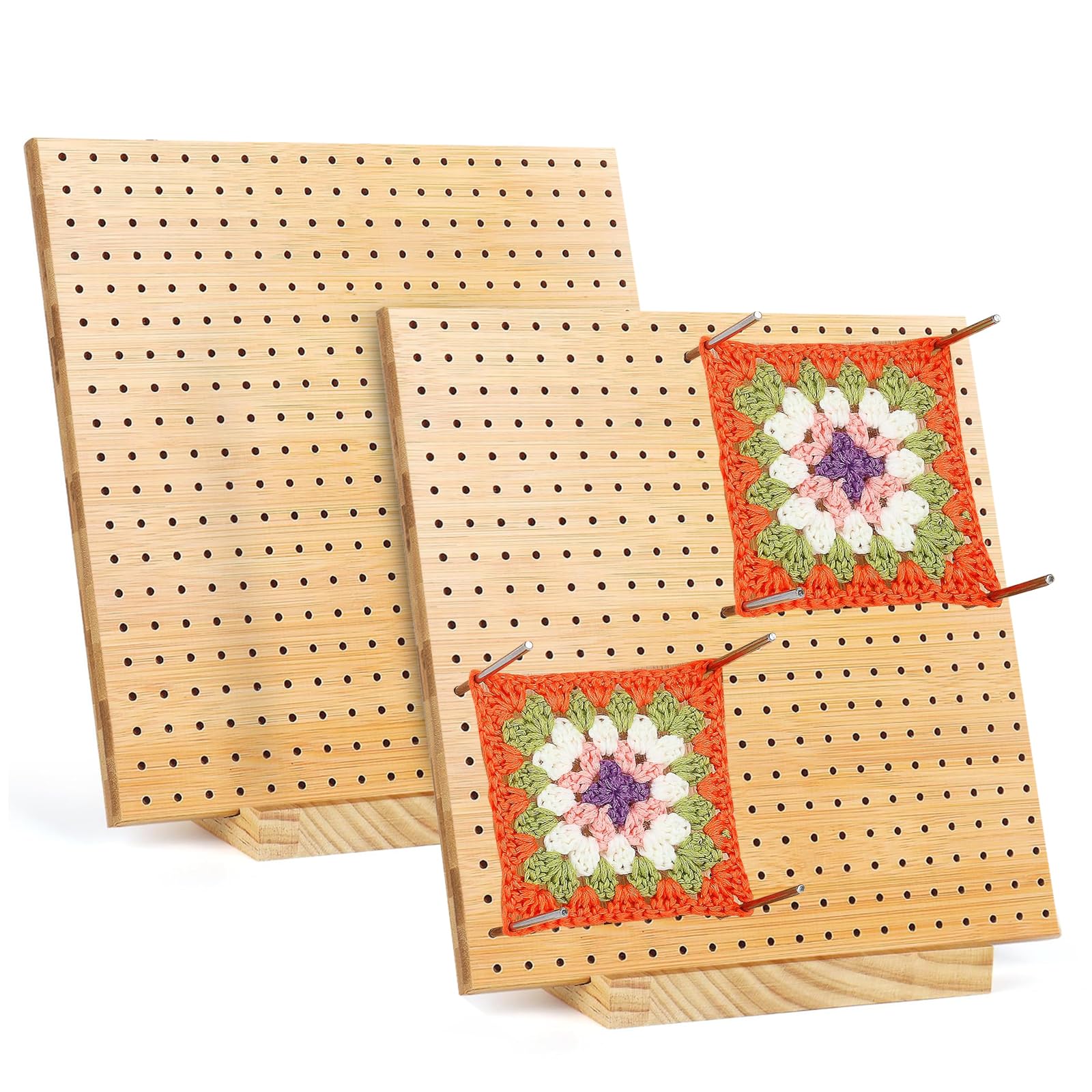 Zyetgh Bamboo Wood Granny Square Blocking Board, 2Pcs Crochet Blocking Board And Pins 8 Inch Knitting Blockingmats With Drawers Wooden Crochet Peg Boards For Crocheters