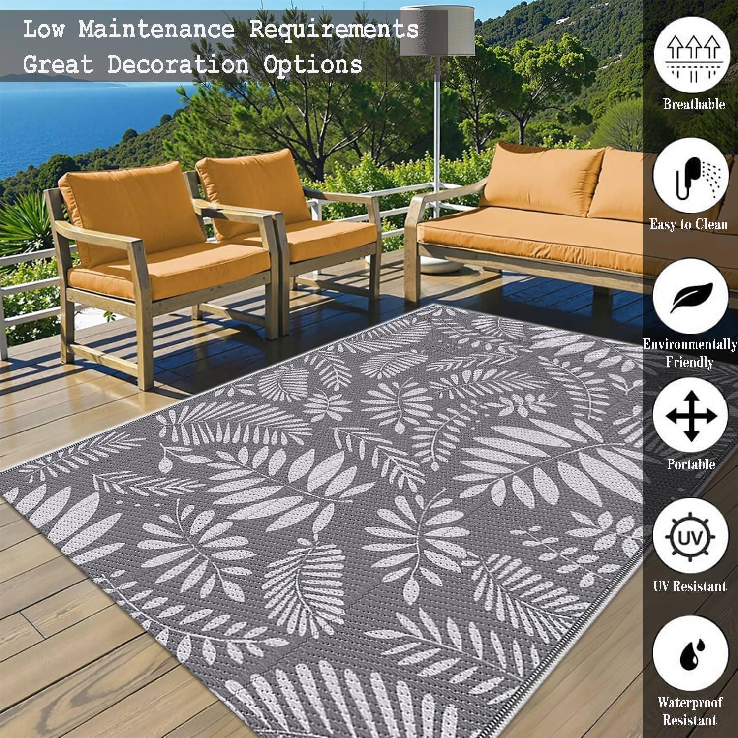 Dywanik na Patio 180x270 Duża Przenośny Plastikowy Dywanik Kempingowy z Wzorem Tropikalnych Liści Ogrodowy Dywanik Wodoodporny Dwustronna Mata na Taras,Piknik,Balkon,Basenie,Szaro-Biały