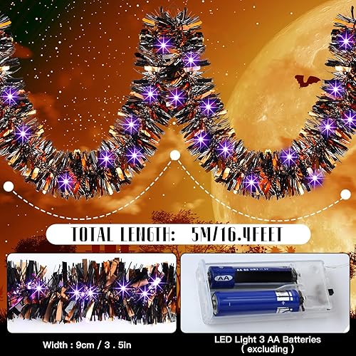 Miniatura 3 de Chuangdi Guirnalda de oropel de Halloween de 16.4 pies con 50 luces LED, funciona con pilas, decoración de oropel metálica colgante para fiesta