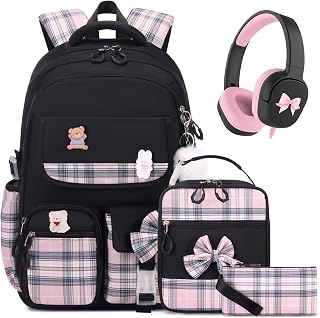 ACESAK 4PCS Bow Backpack for Girls with Headphones Lunch Box & Pencil Case