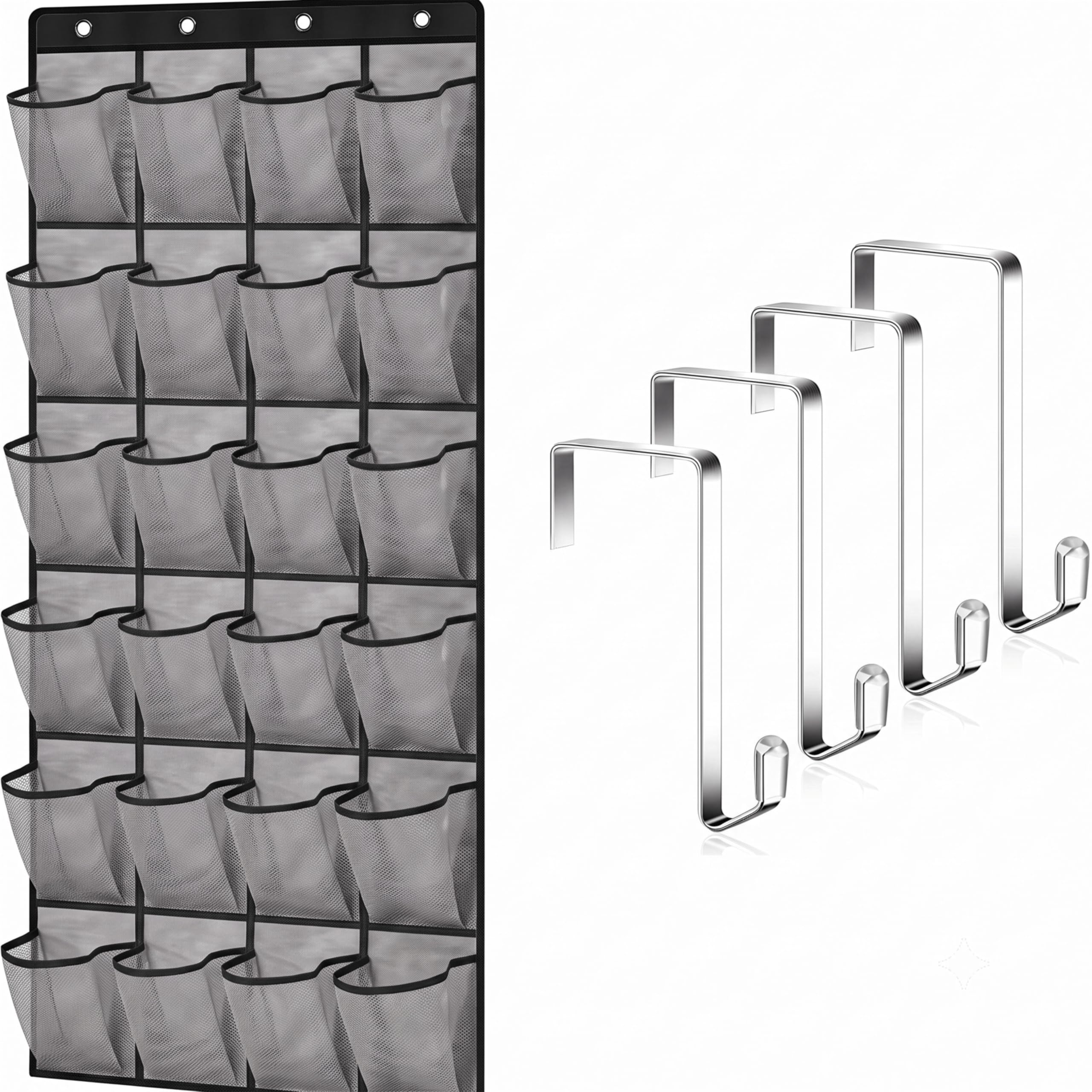 Pleyihe Over The Door Shoe Organiser, Hanging Shoe Rack with 24 Deep Slant Mesh Pockets, Non-Slip No Scratch Hooks, Space Saving No Drill Storage for Closet Dorm, 150x56cm (Grey)