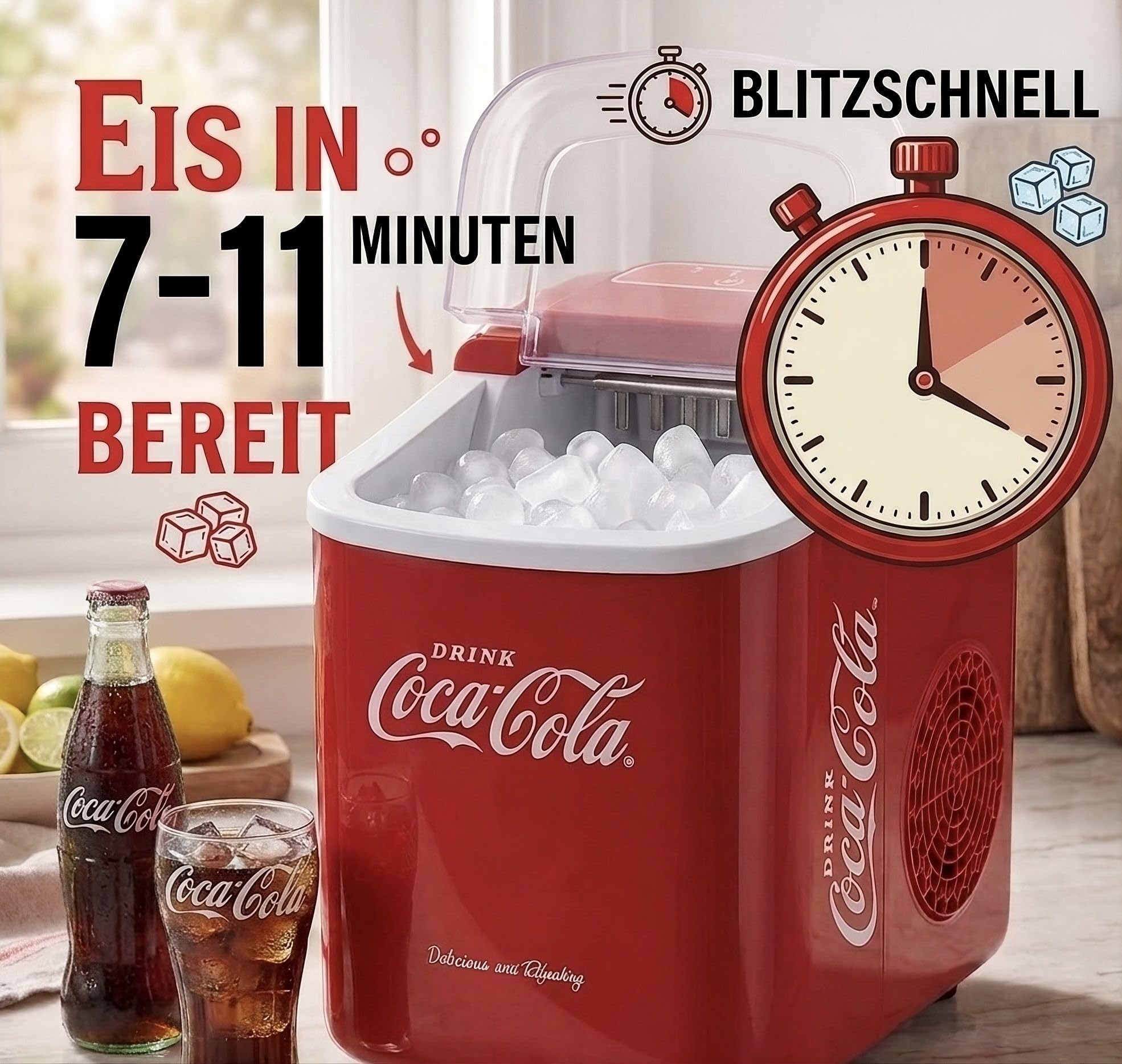 Salco Coca-Cola Retro Eiswürfelmaschine – Schneller Eiswürfelbereiter für Party, Camping & Home, 9 Würfel in 7-11 Min, Mobiler Eismacher mit Tragebügel, 12kg/24h, Inkl. Schaufel & Korb, Rot