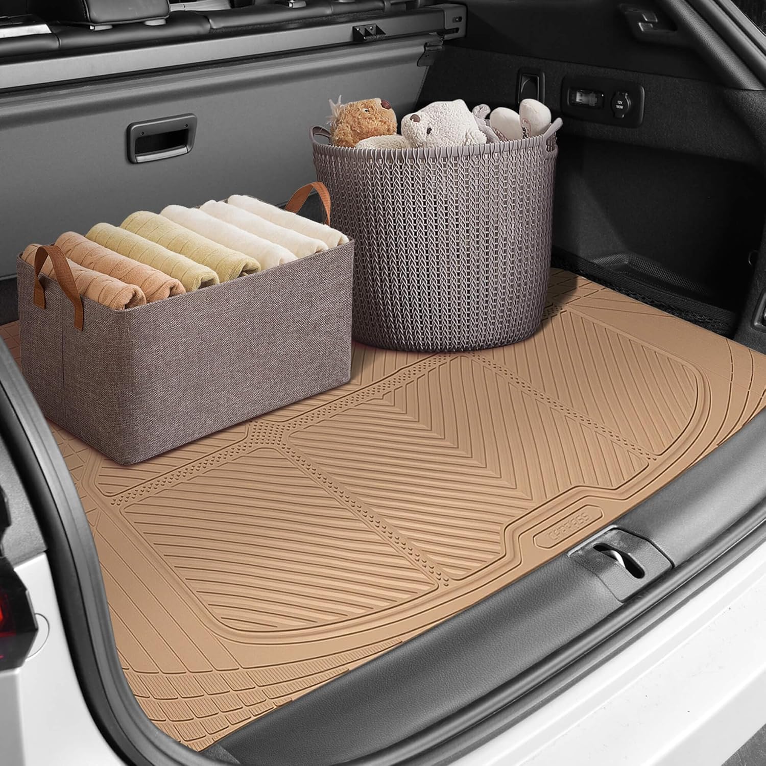 CAR PASS Tan Rubber Car Floor Mats & Cargo Liners, All Weather Car Mats & Trunk Mats,Waterproof Automotive Floor Mats Trim to Fit for Most Cars Sedans SUVs Vans, Durable Heavy Duty Anti-Slip,Beige