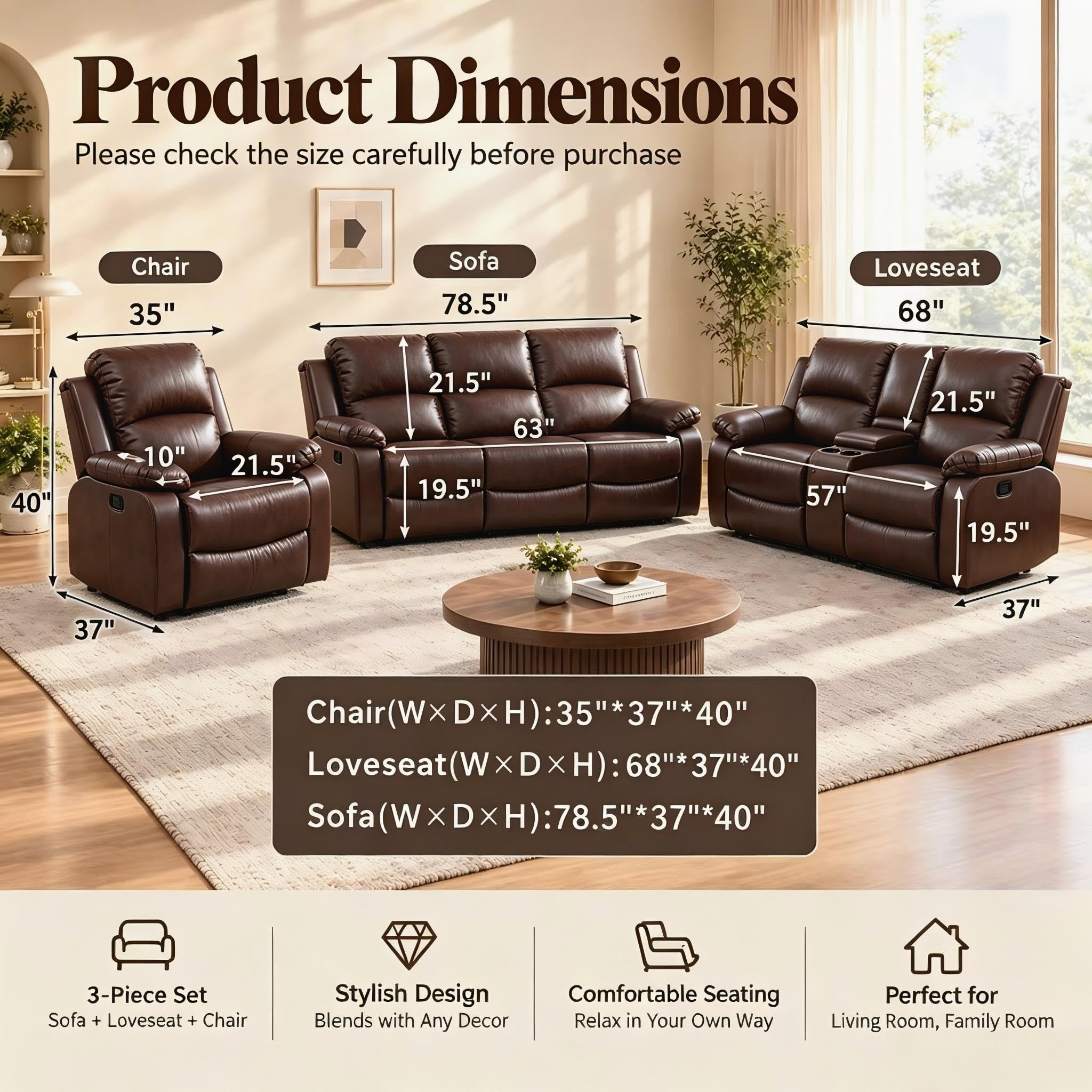 Toseslo Manual Reclining Couch Sofa Set with Drop-Down Table, 3 Pieces Brown Leather Recliner Couch Sets, Living Room Furniture Sets, Recliner Sofa with Storage Console/Cup Holder for Home/Apartment view 3