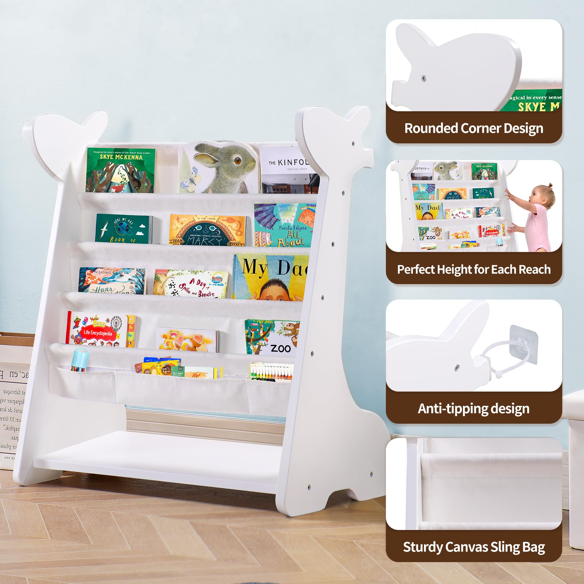 MallBest Kids Bookshelf, 4Tiers Childrens Sling Bookcase,Wooden Giraffe Toddler