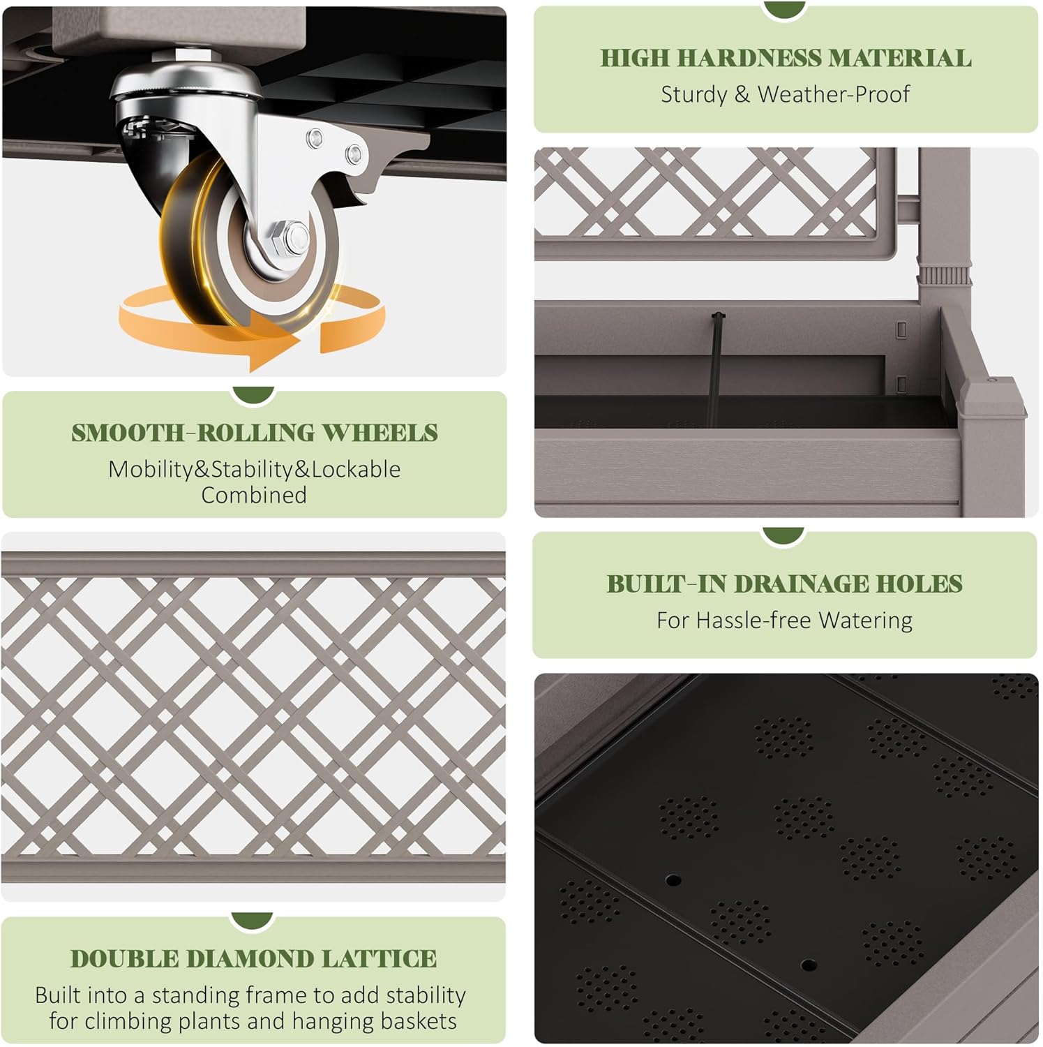 Resin Raised Garden Bed with Trellis, Mobile Planter Box with Trellis with Drainage Holes & Water Monitor for Climbing Plants Like Roses & Clematis, Gray