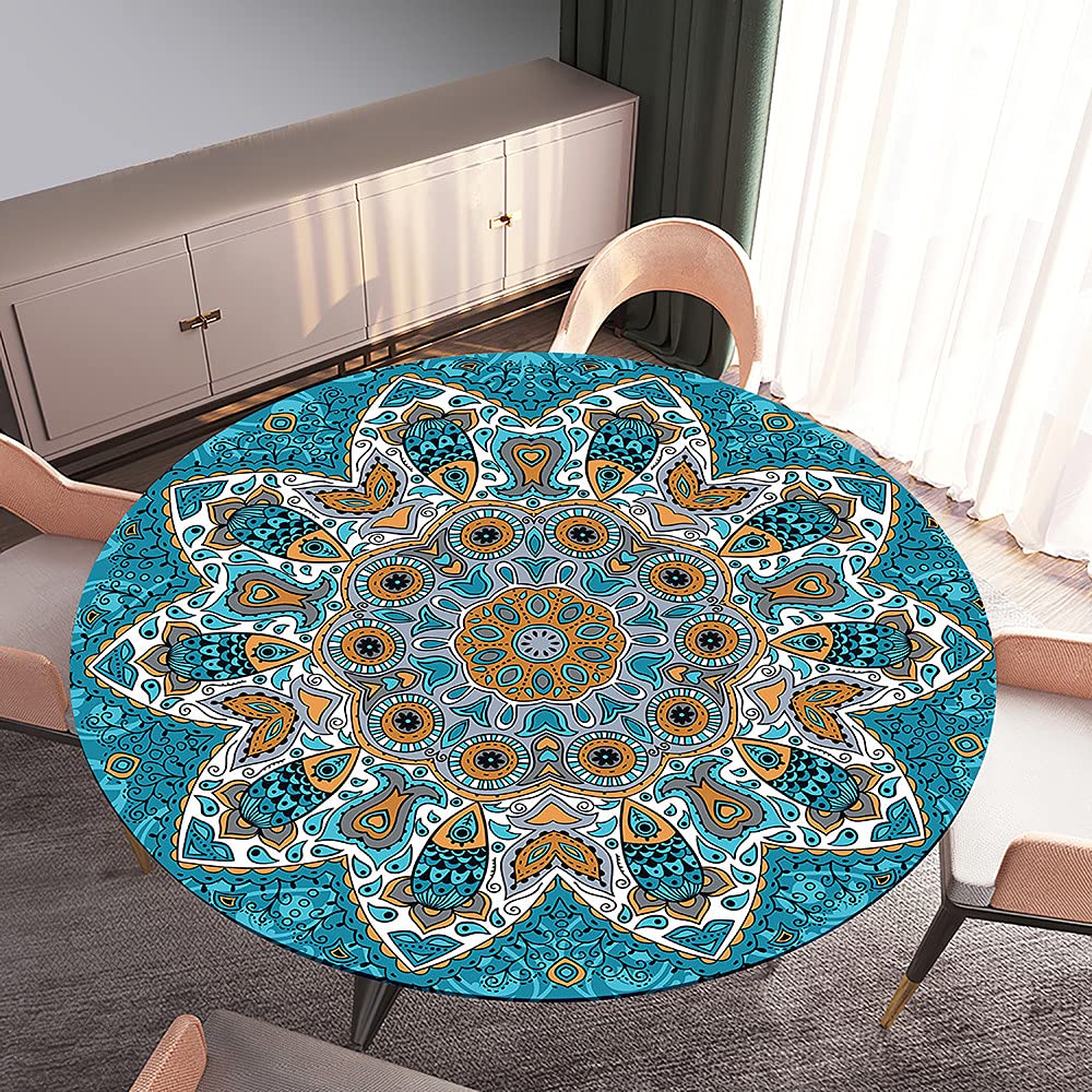 Morbuy 3D Rondes Nappes Avec Bord Élastique, Nappes Rondes Anti Taches Lavable, Imperméable Polyester Nappe De Table Imprimé De Boho Pour Cuisine