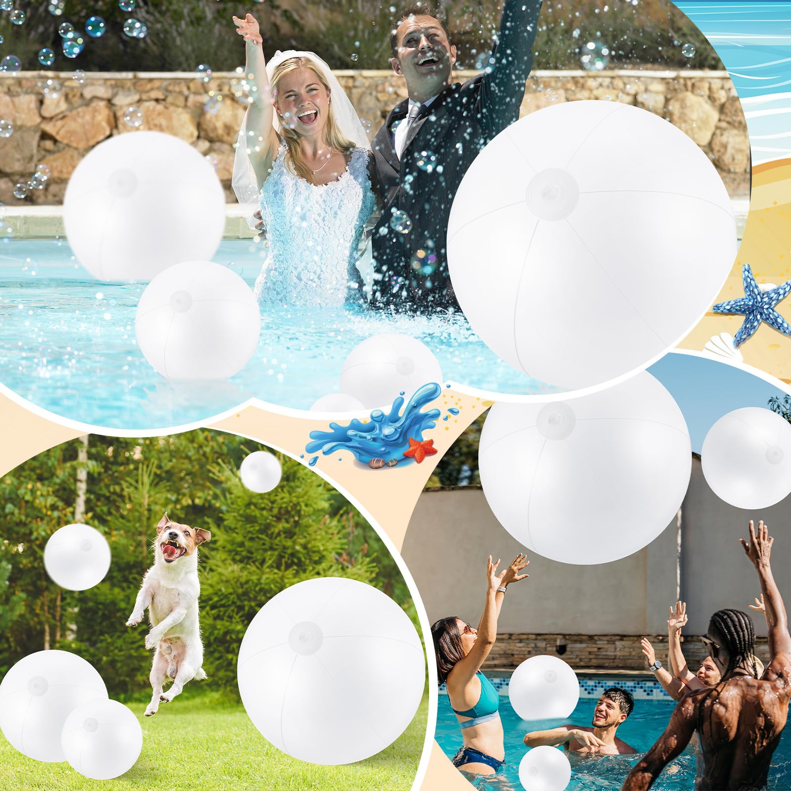 Realspring 36 bolas de playa inflables a granel de 6, 12, 16, 24 y 40 pulgadas, varios tamaños, de PVC, para piscina, para adultos, al aire libre, playa, Hawaii, juegos acuáticos, decoración de fiesta
