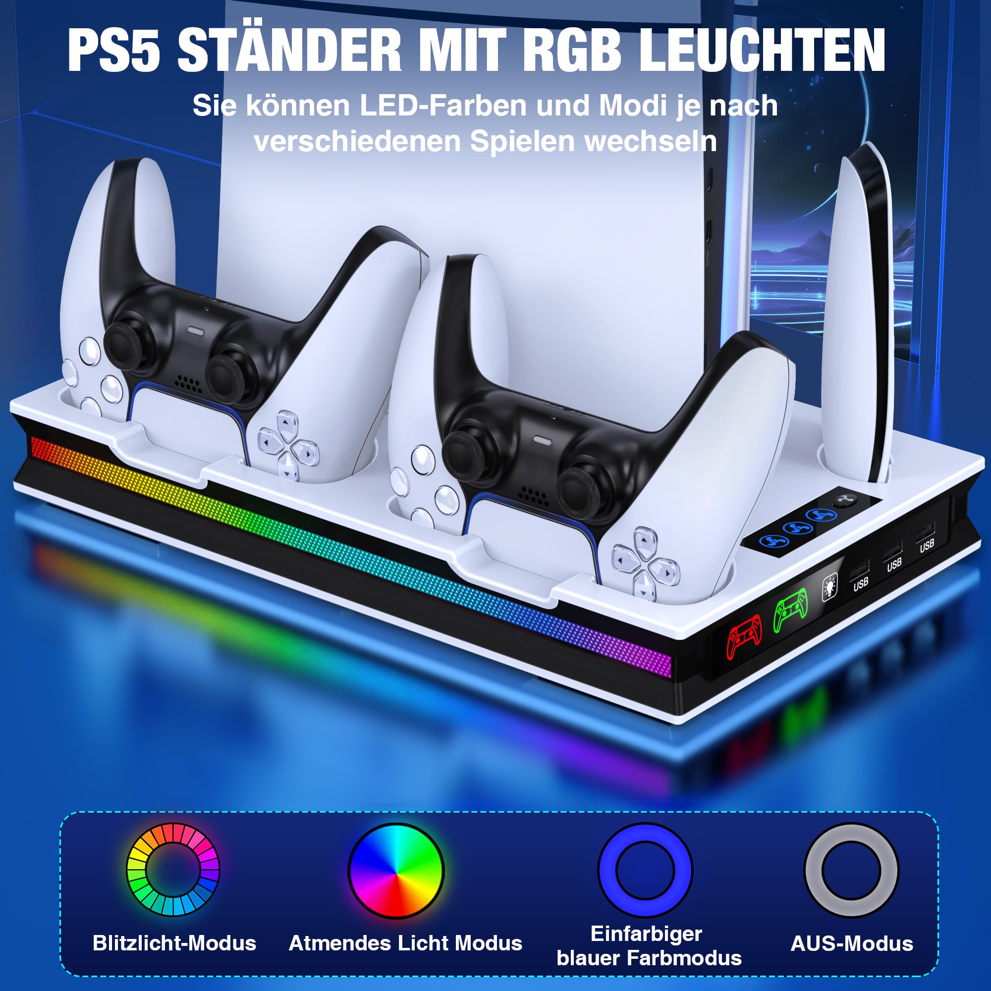 ALEEMTRY PS5 Standfuß für PS5 Slim/PS5 Pro/PS5 Konsole mit LED Licht, PS5 Pro Standfuß mit 3-Stufig Lüfter/2 PS5 Controller Ladestation/4 Typ-C-Adapter/1 Haken, Vertikaler PS5 Ständer