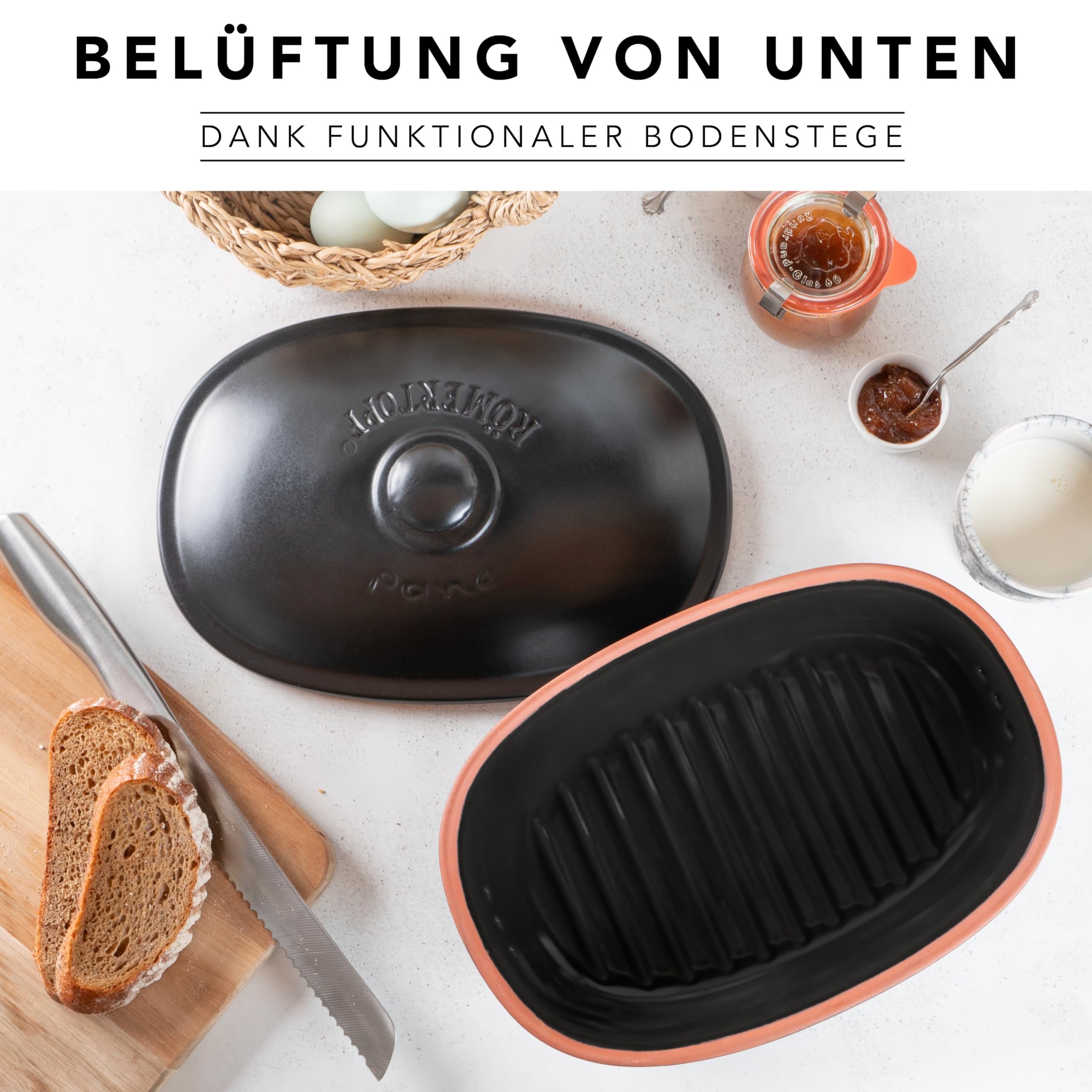 Römertopf Brottopf klein oval 2,3 L (MEDI) – kompakter Brotkasten aus Keramik mit Deckel für 1–2 Personen, hält Brot und Toastbrot frisch, atmungsaktiver Tontopf – Schwarz