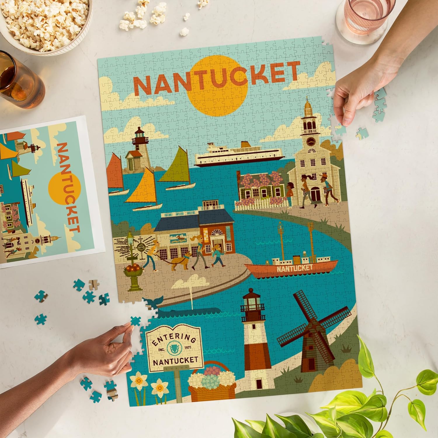 Lantern Press Nantucket Island, Line Drawing 1000 Piece Jigsaw Puzzle for Adults, Made in USA with Reference Poster