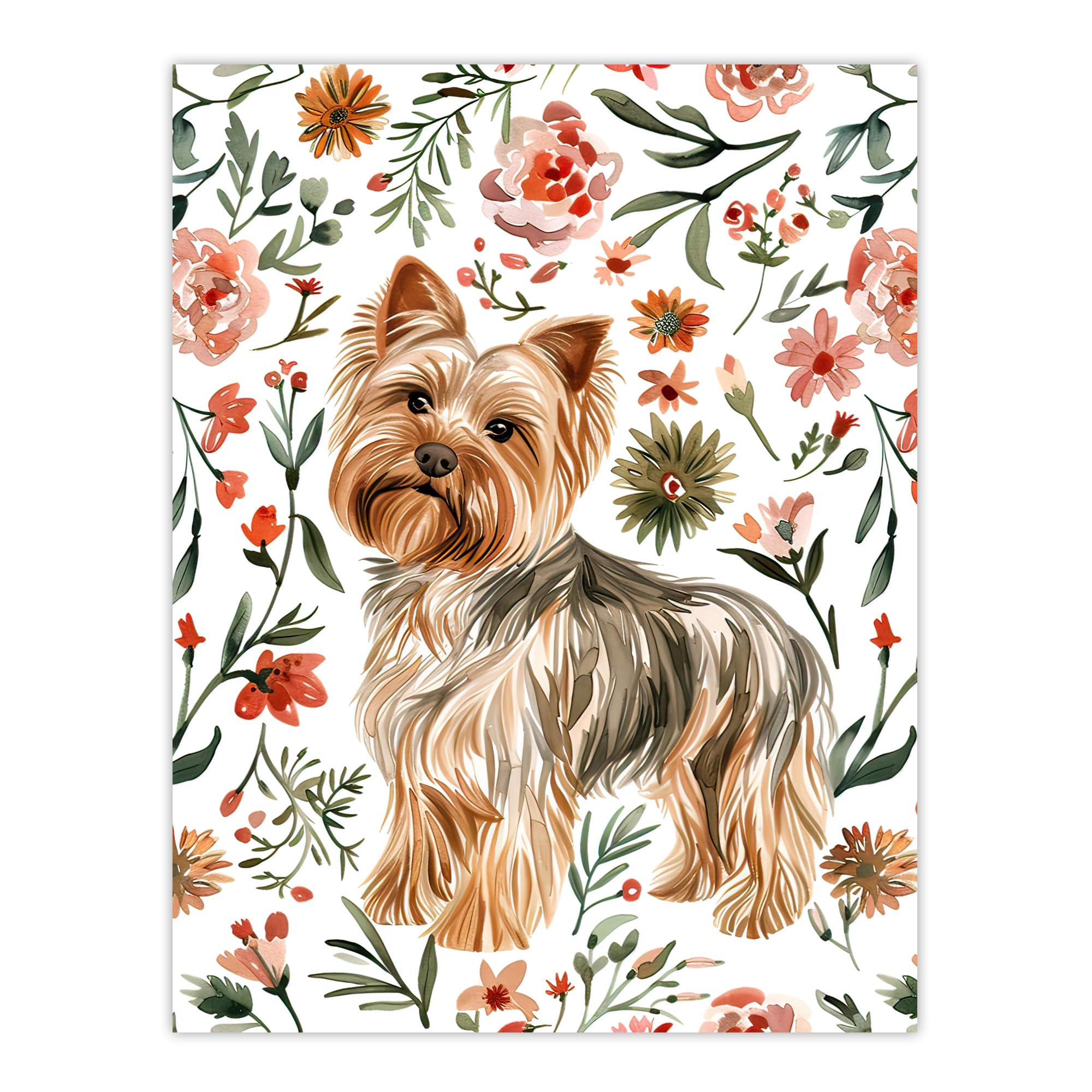 Yorkshire Terrier Dog Lover Pink Floral Pattern Wall Art Print - W24 inch x H32 inch