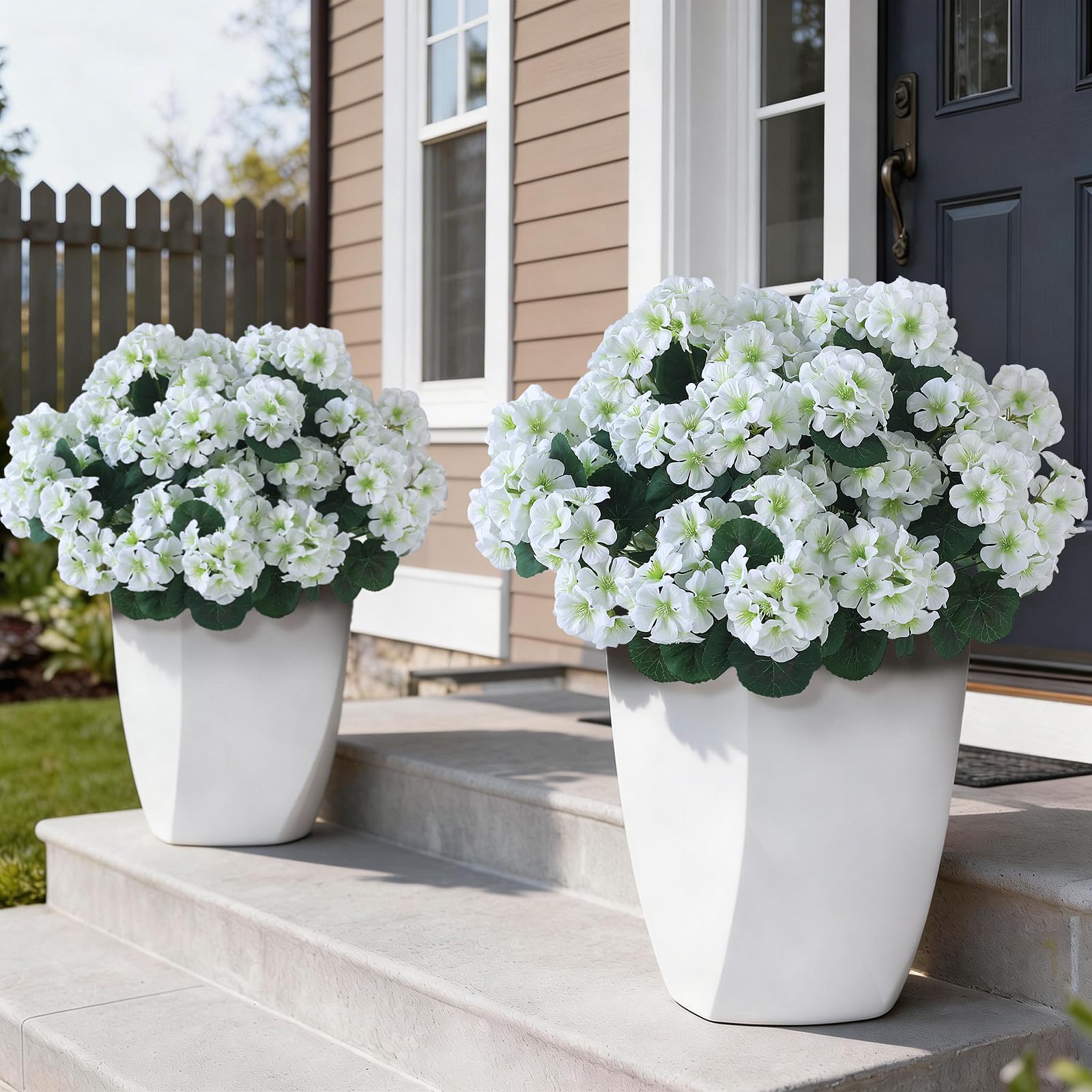 glidlion 12 bundles artificial geranium flowers for spring summer decor, uv-resistant fake plants realistic faux silk bouquets for front door farmhouse garden porch home outdoor decor (white)