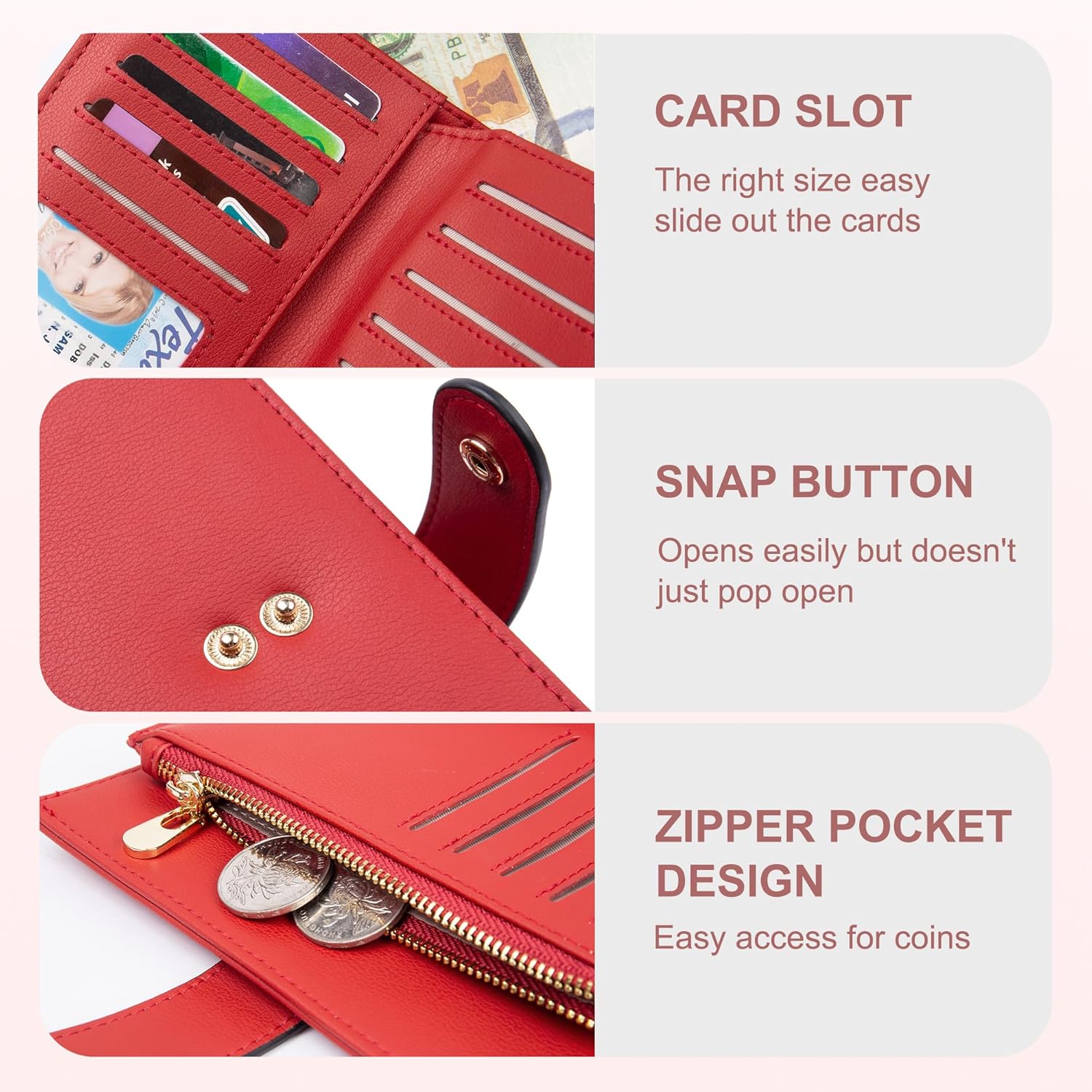 Womens Wallet RFID Blocking Leather Trifold Clutch Wallet Credit Card Holder Ladies Travel Wallet Purse with Pen Holder - Image 3