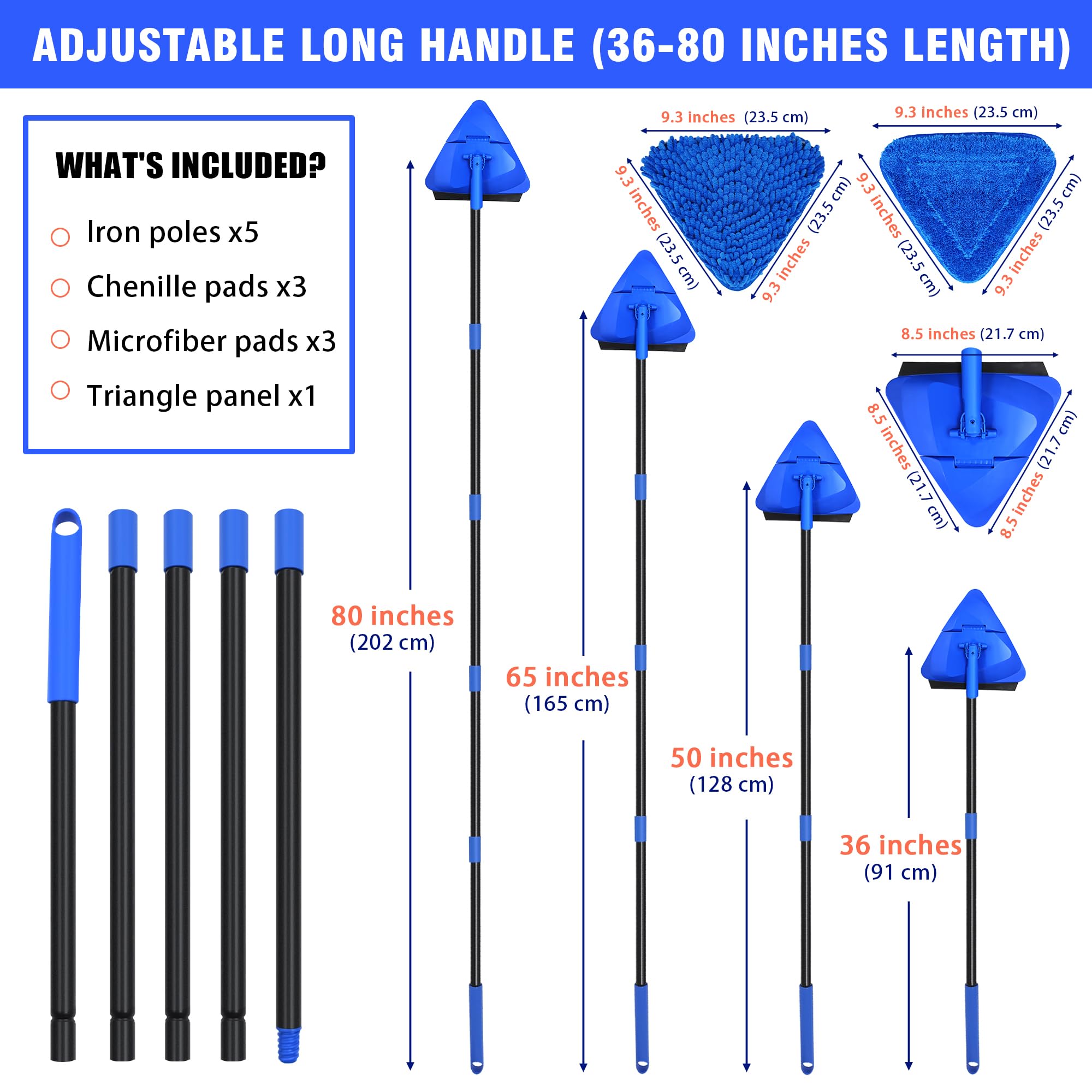 Limpiador de fregona de pared con mango largo de 80 pulgadas, plegable de 180°, limpiador y escobilla de goma, herramienta de limpieza triangular para zócalos con 6 almohadillas de microfibra