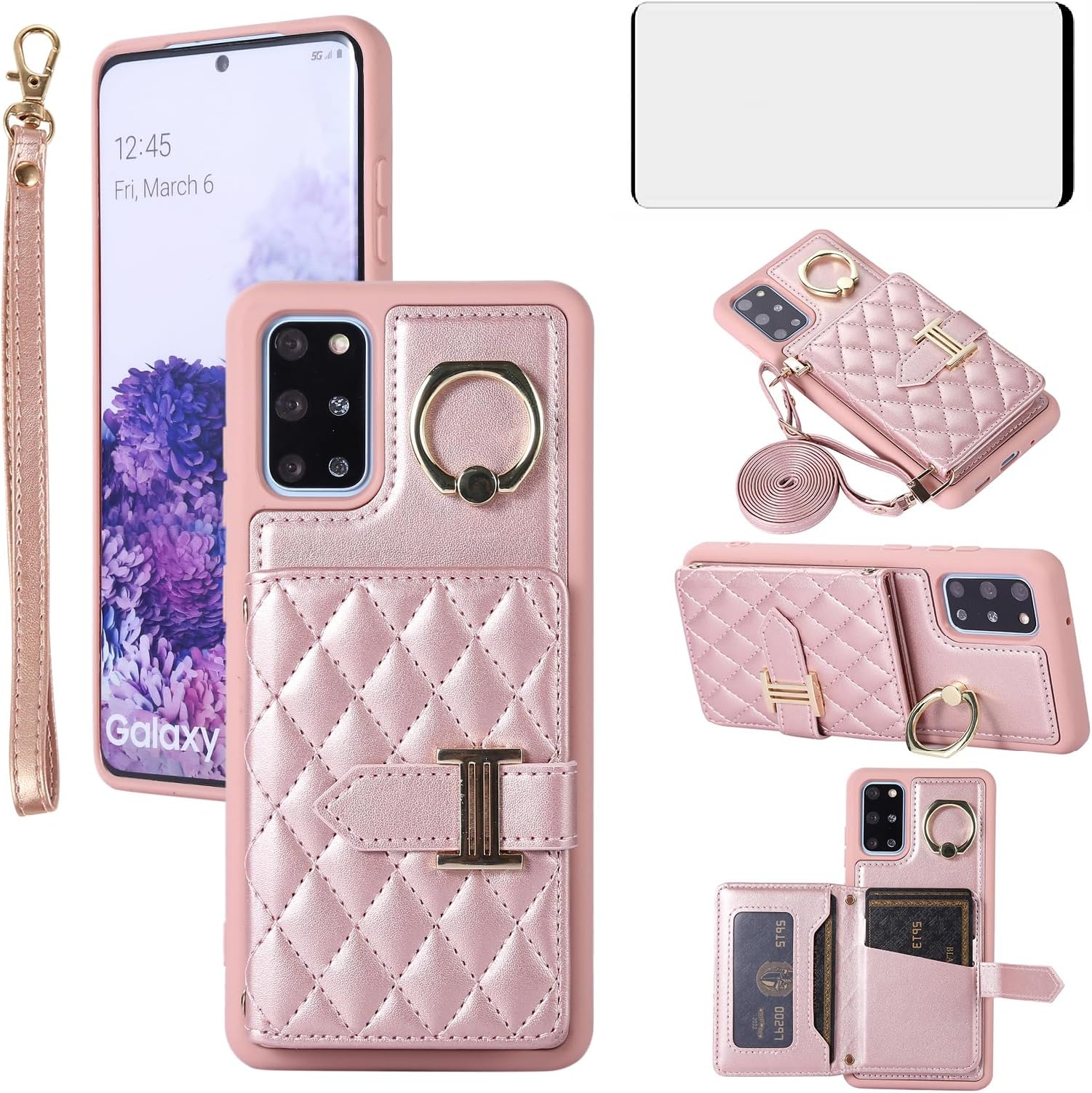 Phone Case for Samsung Galaxy S20 Plus S20+ 5G Wallet Cover with Screen Protector Ring Stand Credit Card Holder Slot Crossbody Strap Cell S20+5G S20plus 20S + S2O S 20 20+ G5 Women Girls Men Rose gold