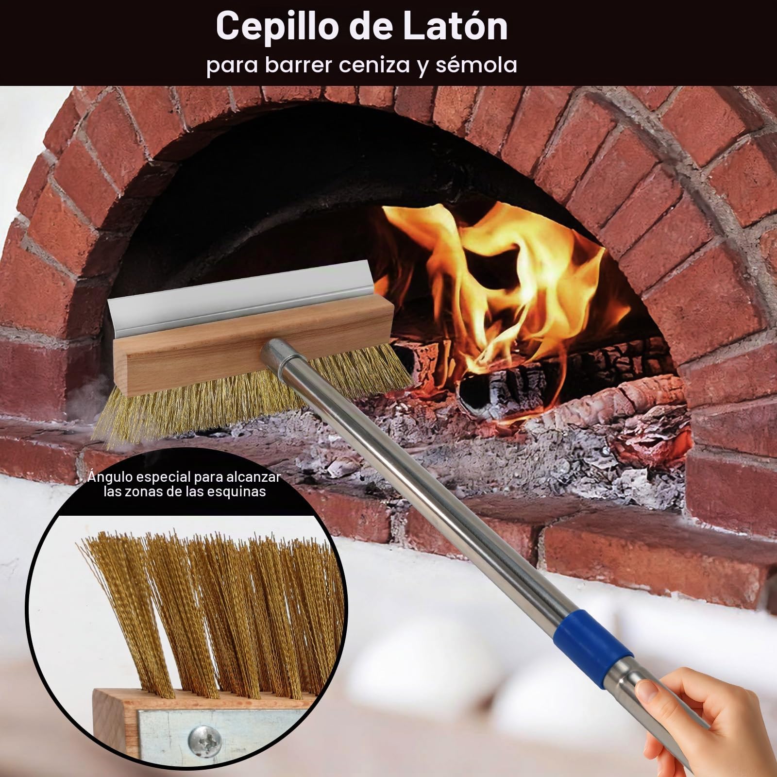 Cepillo para Horno de Pizza Barbacoa con raspador de Acero con Cepillo de latón para Limpieza de Piedras Angular Calientes para Pizza, Mango Largo Accesorios para Pizza