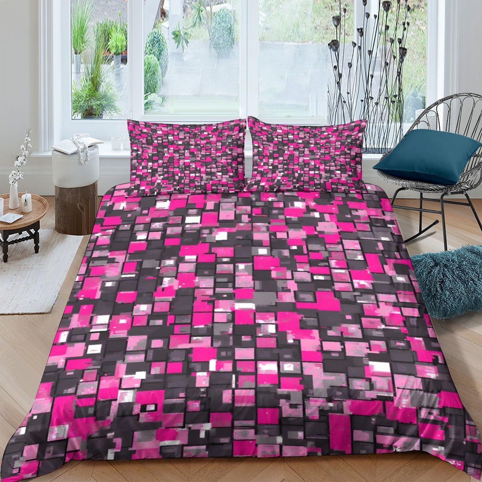 GPLZQXKJNH 3D Printed Geometric Mosaic Duvet Cover Microfiber Soft Pink Grey Quilt Cover Set with 2 Pillowcases, Bedroom Decor Single（135x200cm）