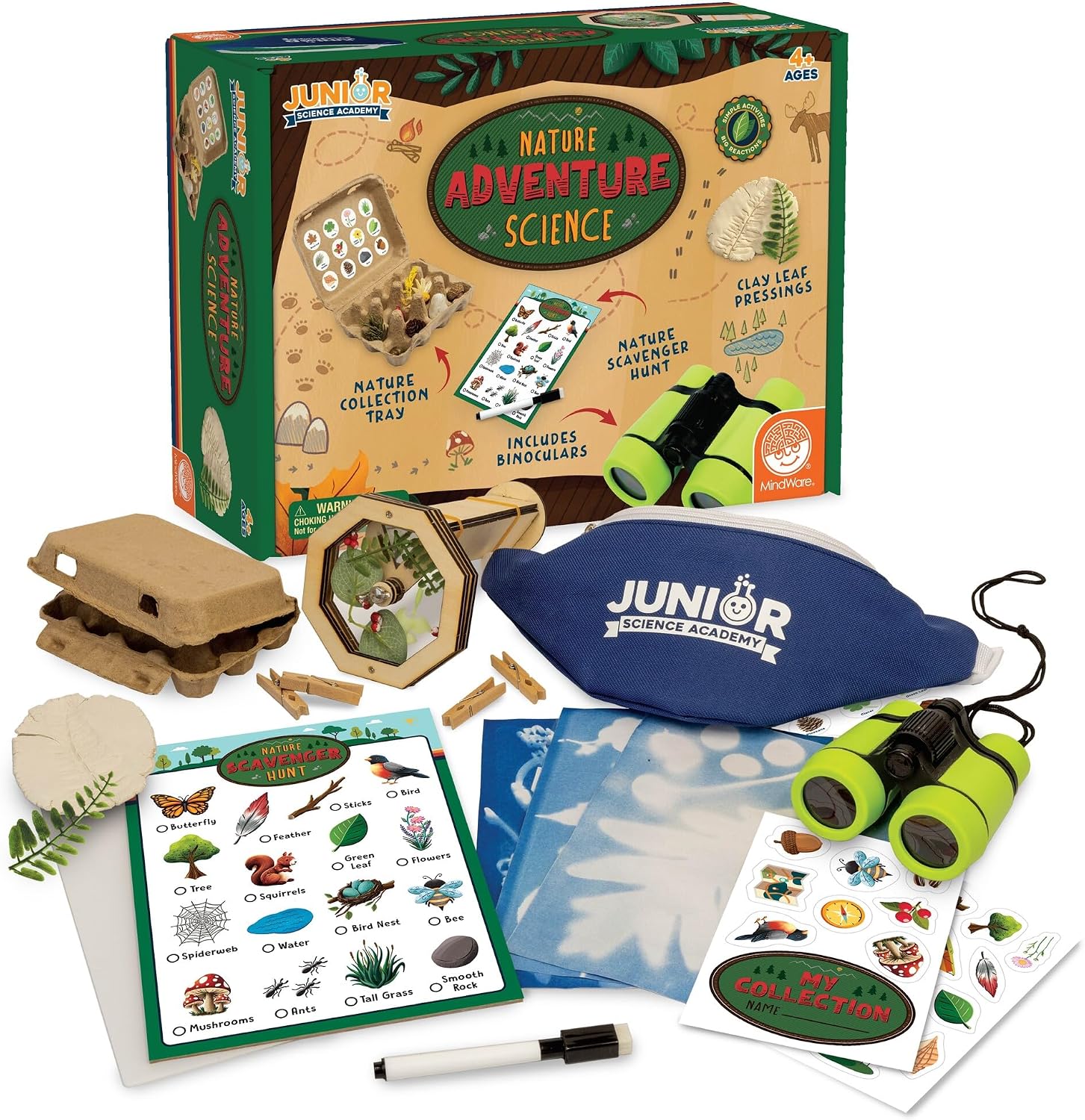 MindWare Junior Science Academy Nature Adventure Science Kit – STEM Outdoor Discovery Kit for Kids Ages 4+ Build a Kaleidoscope, Make Sun Prints, Create Clay Pressings & Explore Nature with Binoculars