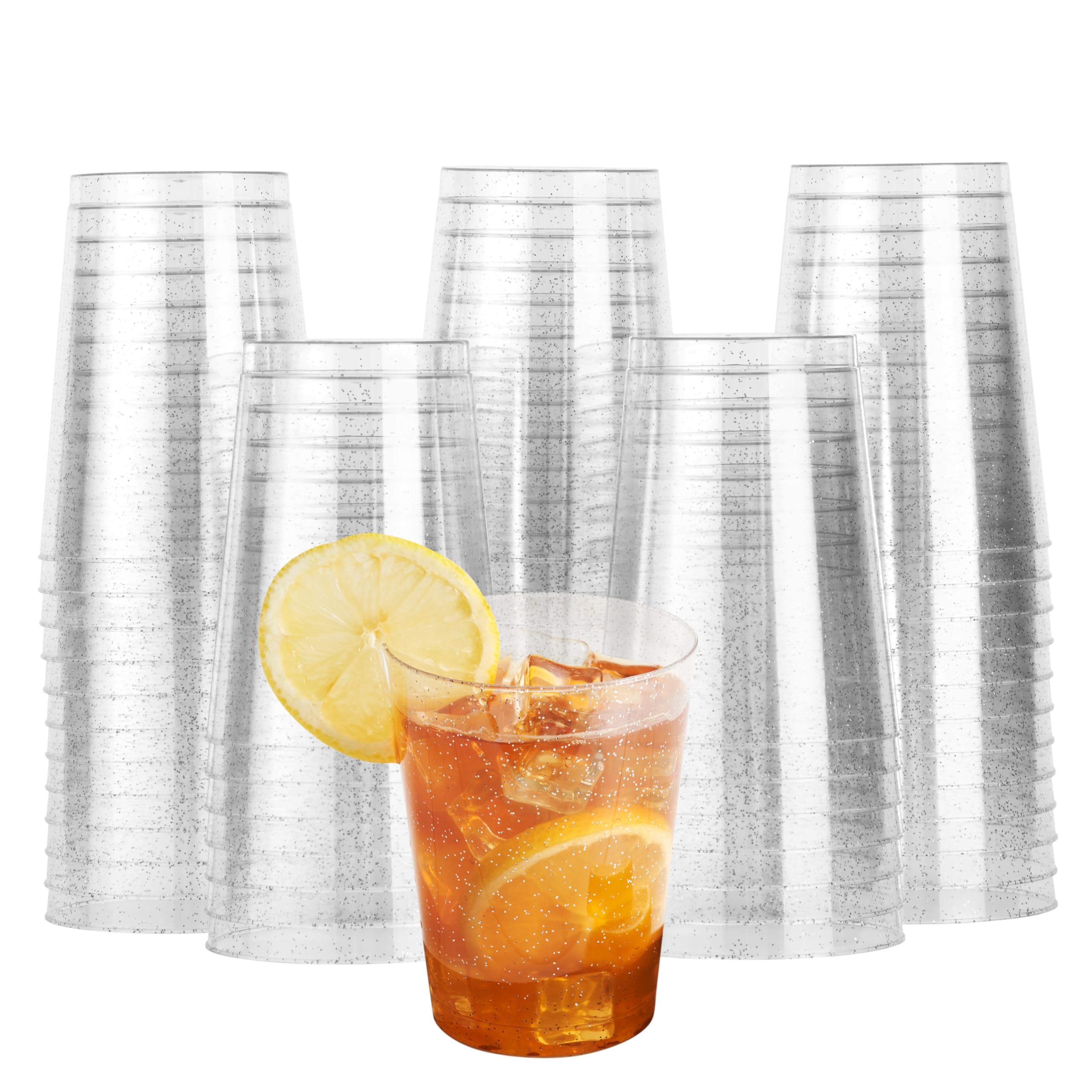 MATANA 120 Clear Hard Plastic Cups, Tumblers with Silver Glitter (285ml / 10oz) - Sturdy & Reusable - Birthdays, Weddings, Anniversary, Christmas, BBQ, Picnic, Parties — image 1