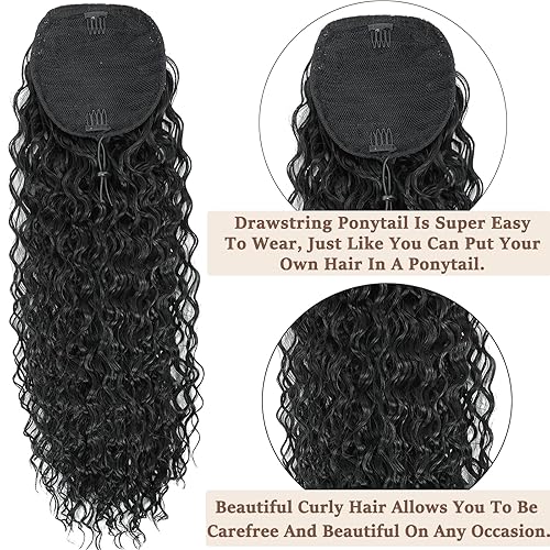 Miniatura 4 de Extensión de cola de caballo con cordón para mujer, color negro, 24 pulgadas de largo, onda profunda, extensiones de cola de caballo rizadas (24
