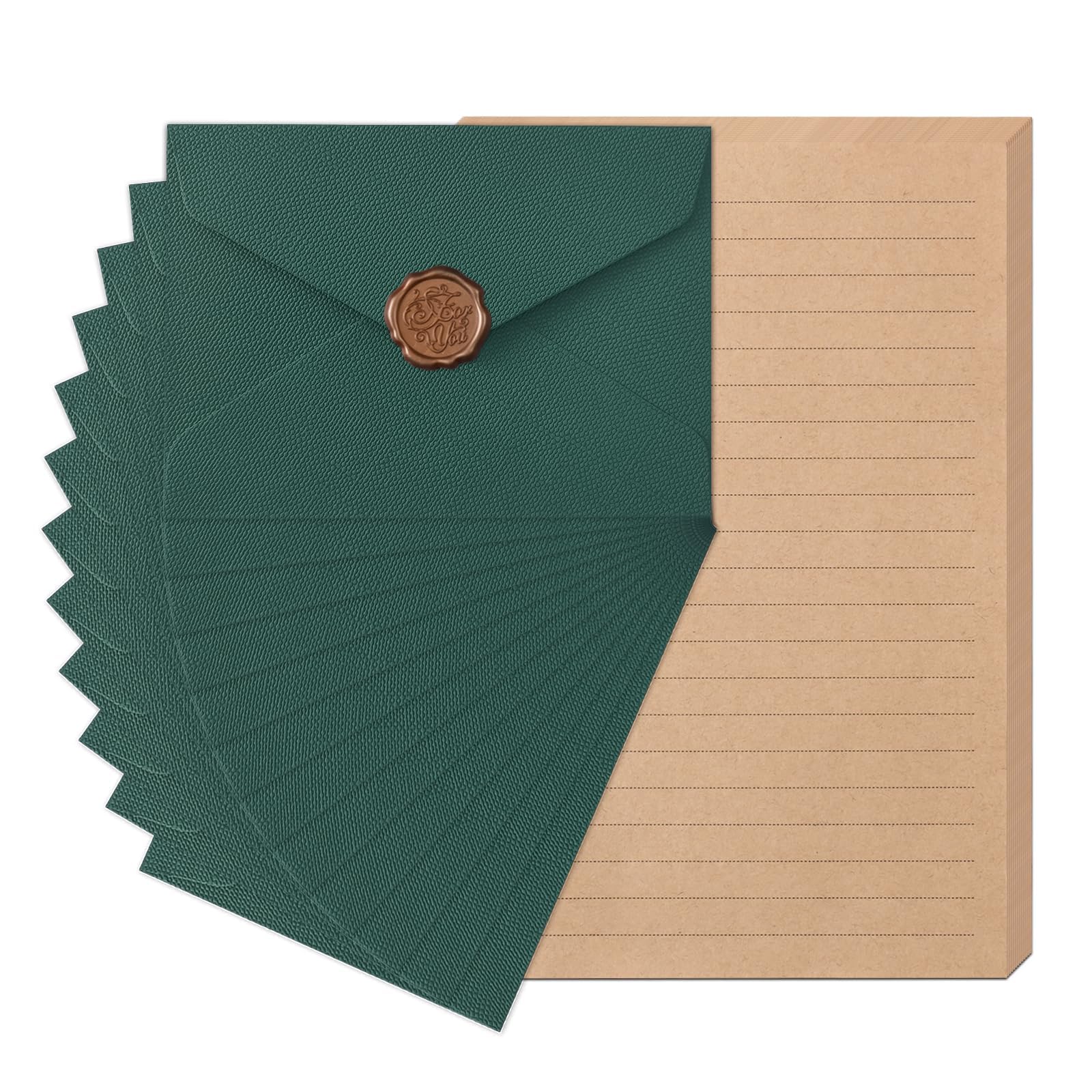 Set Vintage Carta da Lettere con Buste, 12 Buste Lino, 12 Adesivi Sigilli Cera, 24 Carte Kraft per Matrimonio