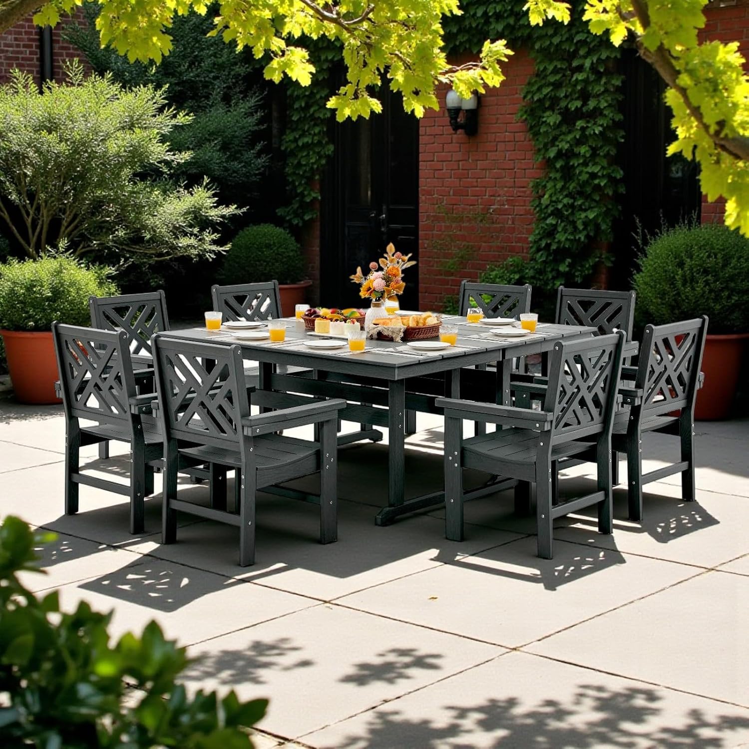 10 Piece HDPE Outdoor Dining Set for 8, Patio HDPE Furniture Set with 2 Table and Umbrella Hole, Outdoor Table and Chairs for Garden, Poolside, Backyard, Deck
