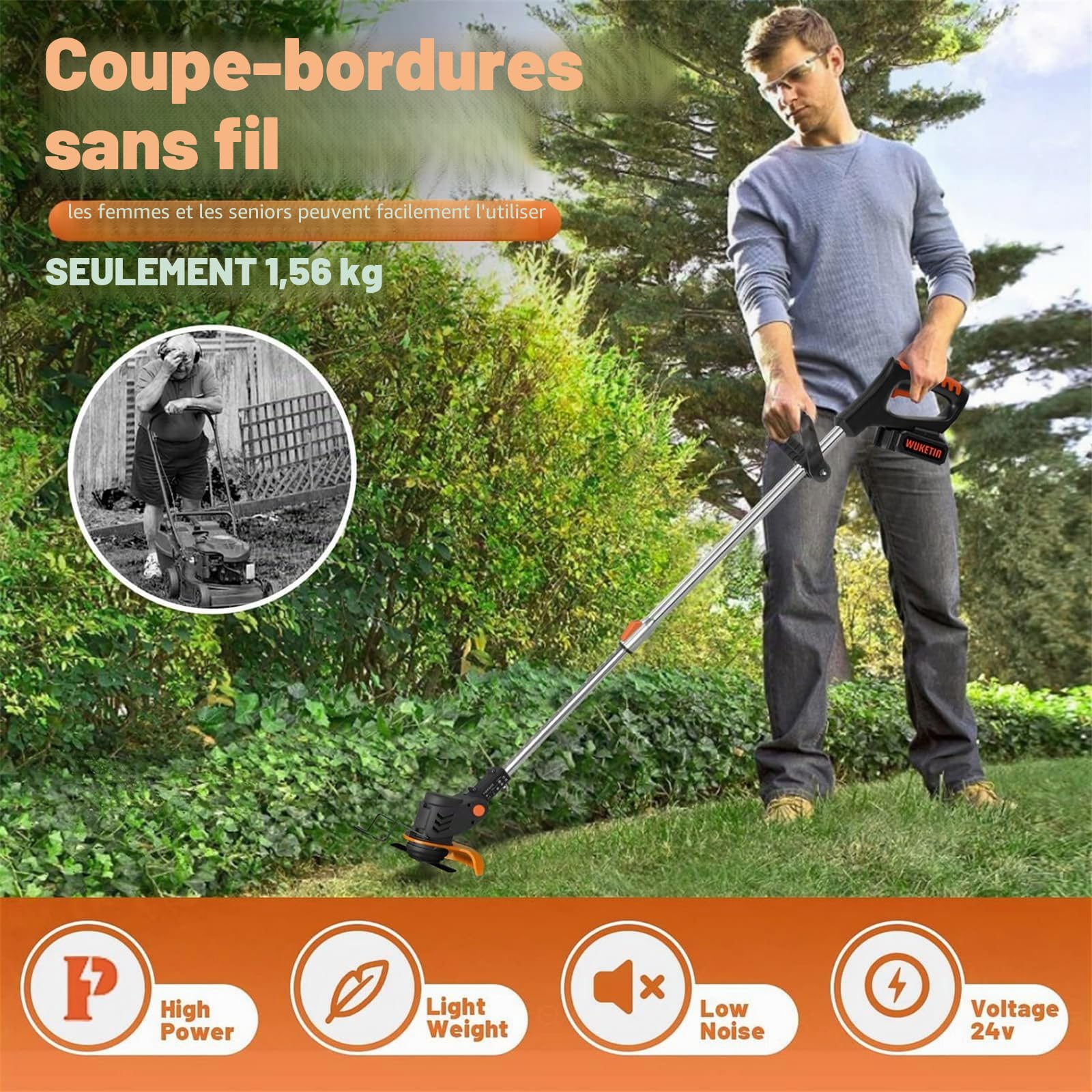Débroussailleuse de Jardin Sans Fil, Coupe-Herbe Électrique à Lame Métallique, Débroussailleuse à Hauteur Réglable, Tondeuse Légère avec Roues Poussantes, Pour le Défrichage du Jardin