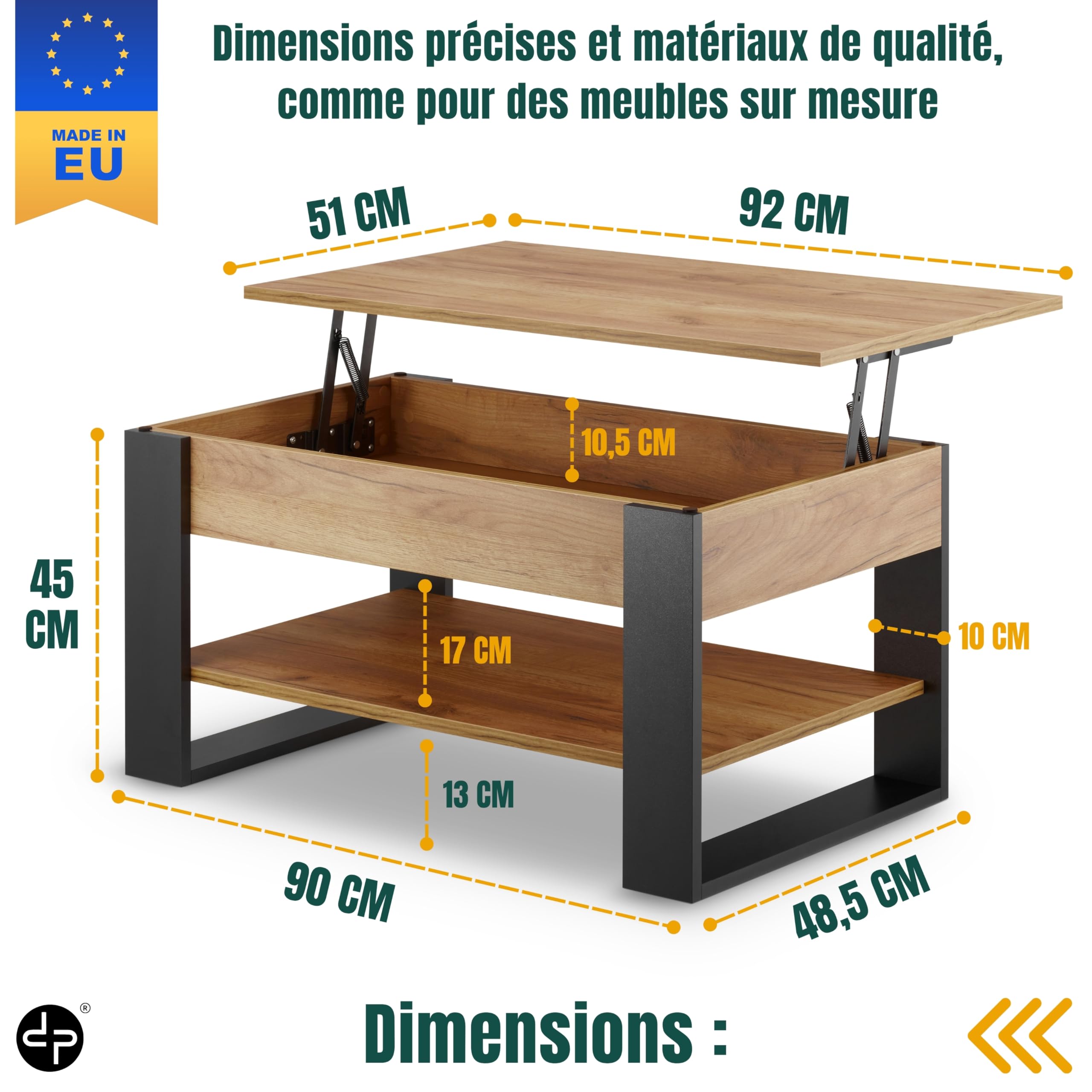 defiPad Table Basse Relevable avec Rangement – Table de Salon Moderne Industriel – Coffee Table avec Étagère et Compartiment Caché – Fabriquée en Europe – Plateau Réglable 45-61 cm (Noir + Chêne)