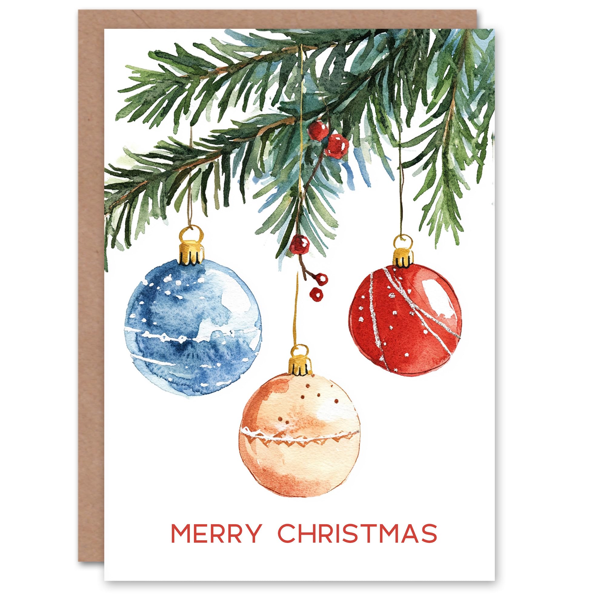 Artery8 Three Baubles Hanging From Tree Watercolour Blank For Him Or Her Art Christmas Card