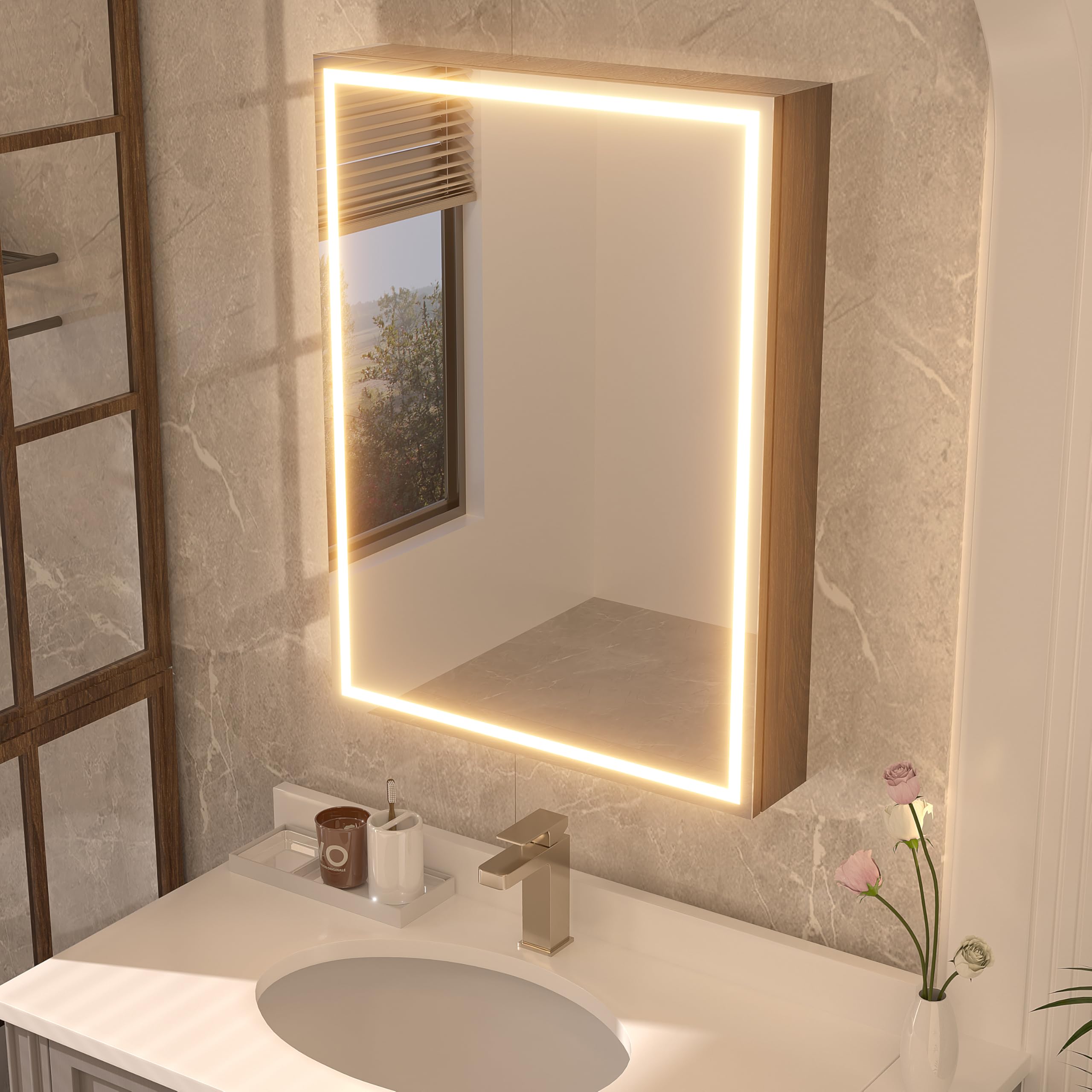 HAUSCHEN HOME 32x24inch LED Medicine CabinetMirror with Lights for Bathroom,Defogger,Stepless Dimmable,3000K/5500K ColorTemperature Wall Mounted