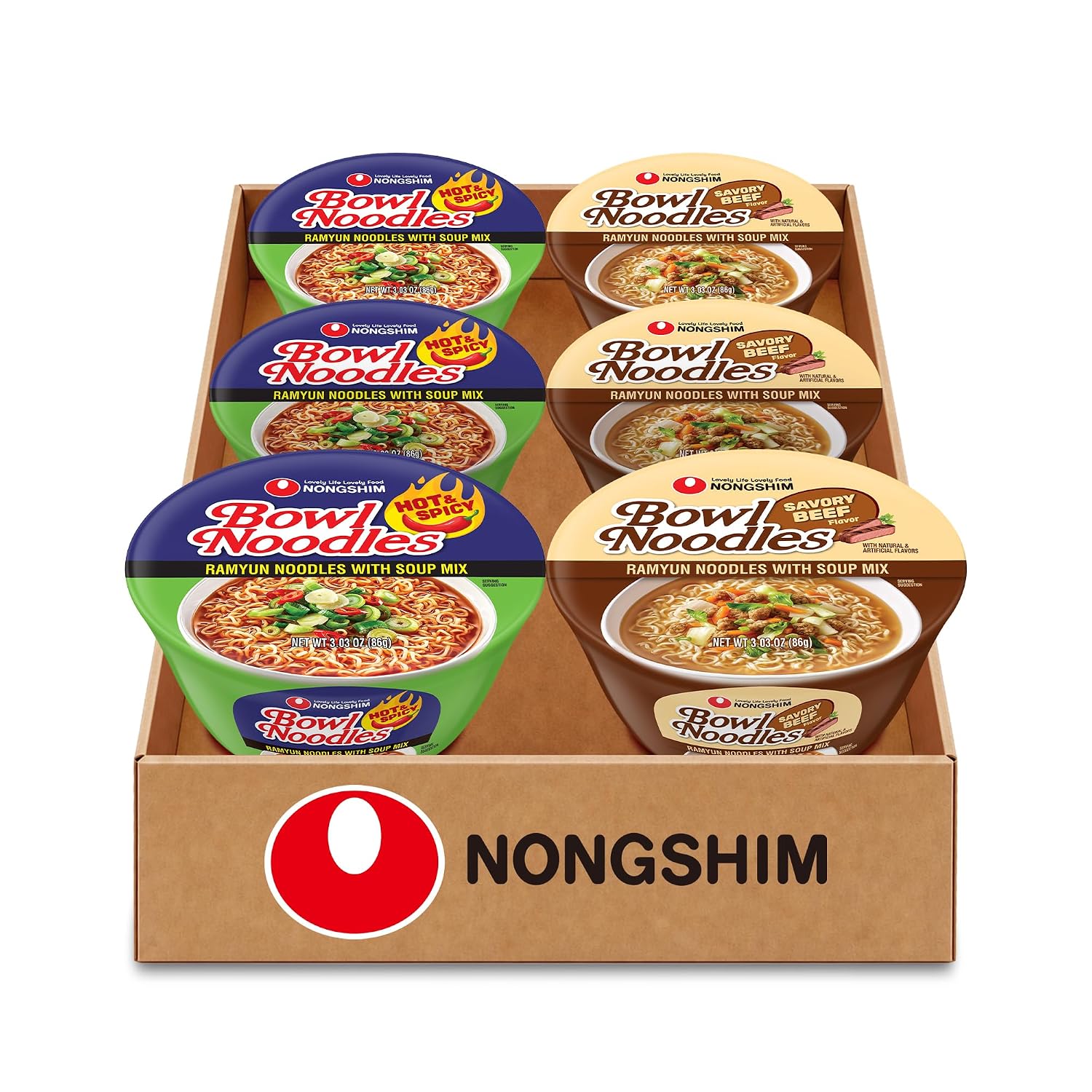 Nongshim Hot & Spicy and Beef Bowls, Korean Instant Ramen Variety, 6 Count