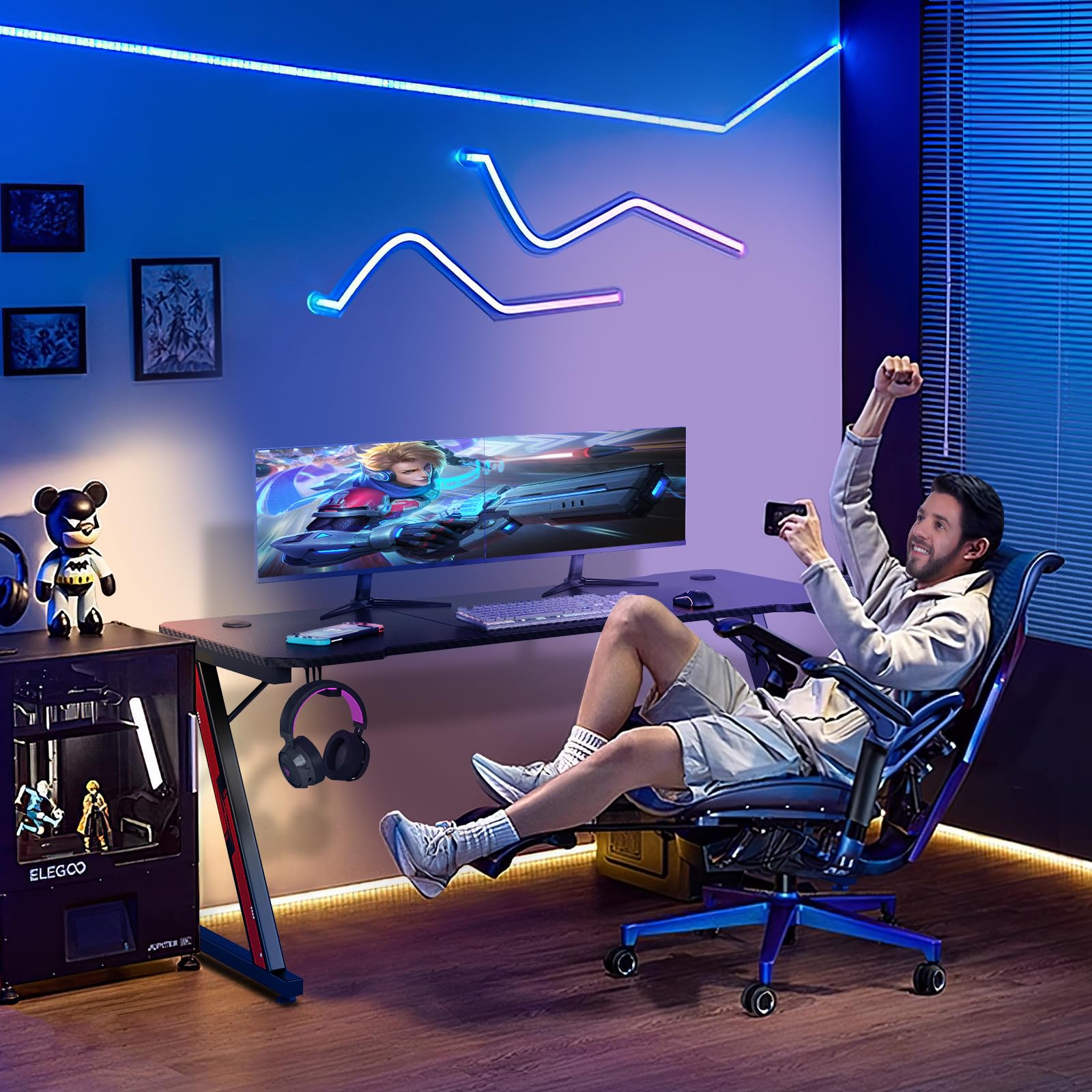 Homall 160 x 60 cm Scrivania Gaming Ergonomica, Tavolo con Piano del Tavolo in Fibra di Carbonio, Tavolo Gaming con Ganci per Cuffie, Nero