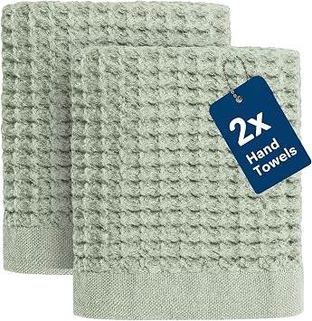 ONSEN Supima Waffle Hand Towels, Quick Dry Lint Free 100% USA Cotton, Lightweight Absorbent Hand Towel Set, 16x30 in Sage Green, Hand Towel 2-Pack