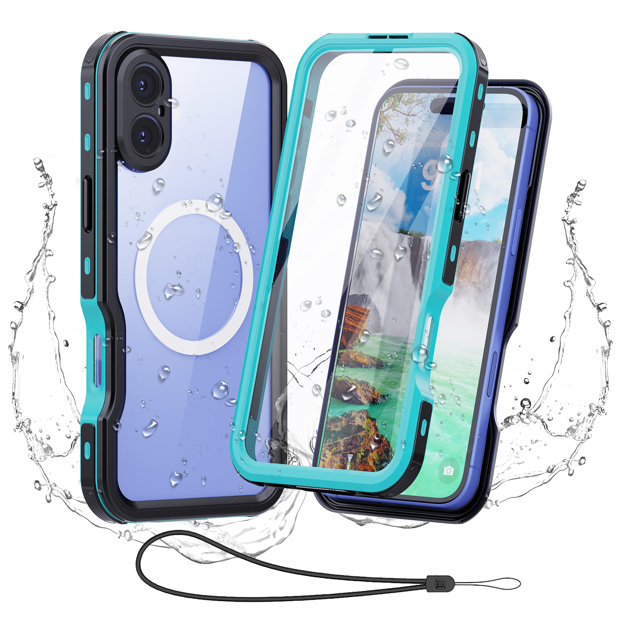 Waterproof Rugged Case for iPhone 16 Plus 6.7", Built-in Guard, Black-Teal | IP68 6.6FT waterproof, shockproof, dustproof, 4 anticollision corners,