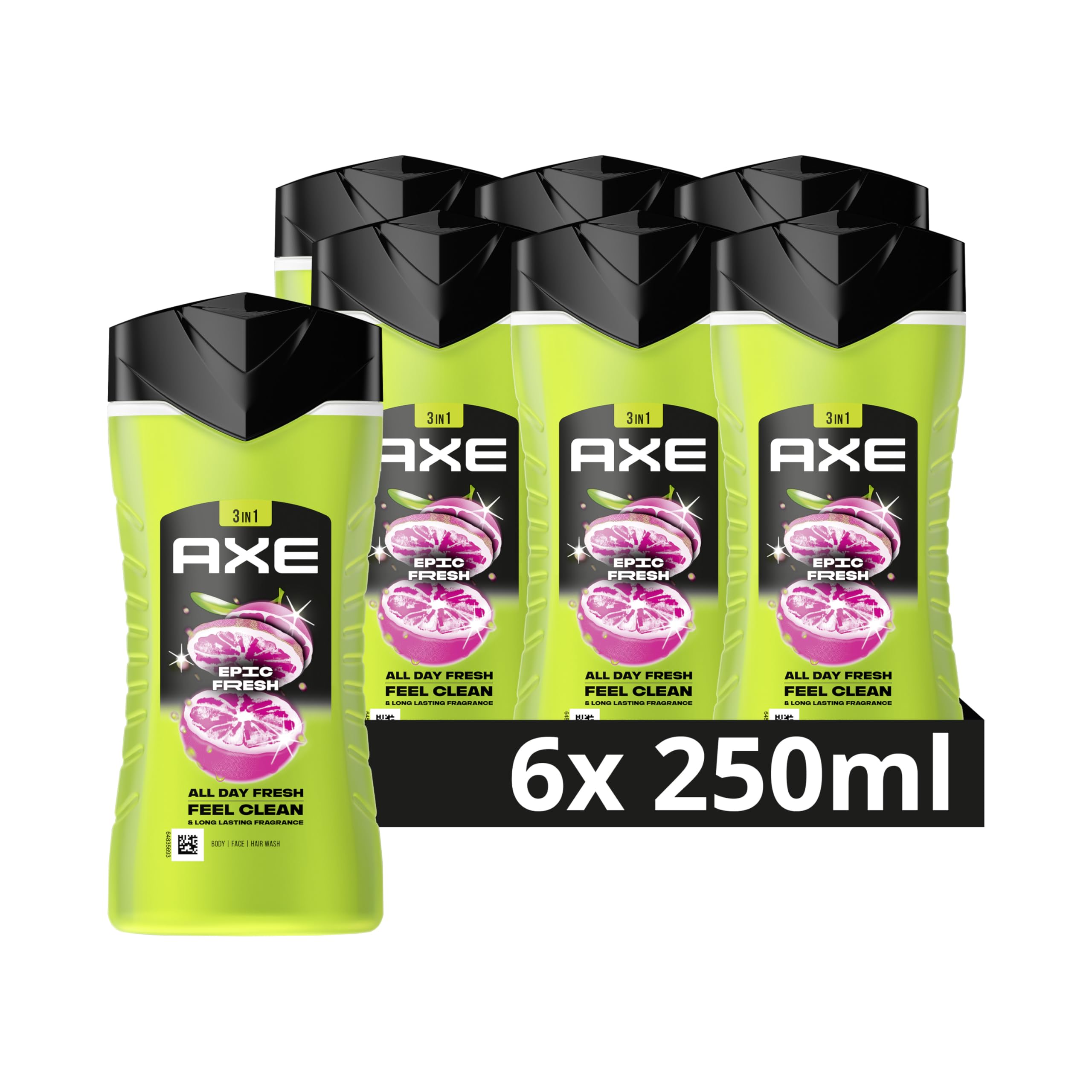 AXE Epic Fresh 3-in-1 Douchegel, ruik tot 12 uur lang onweerstaanbaar - 6 x 250ml - Voordeelverpakking